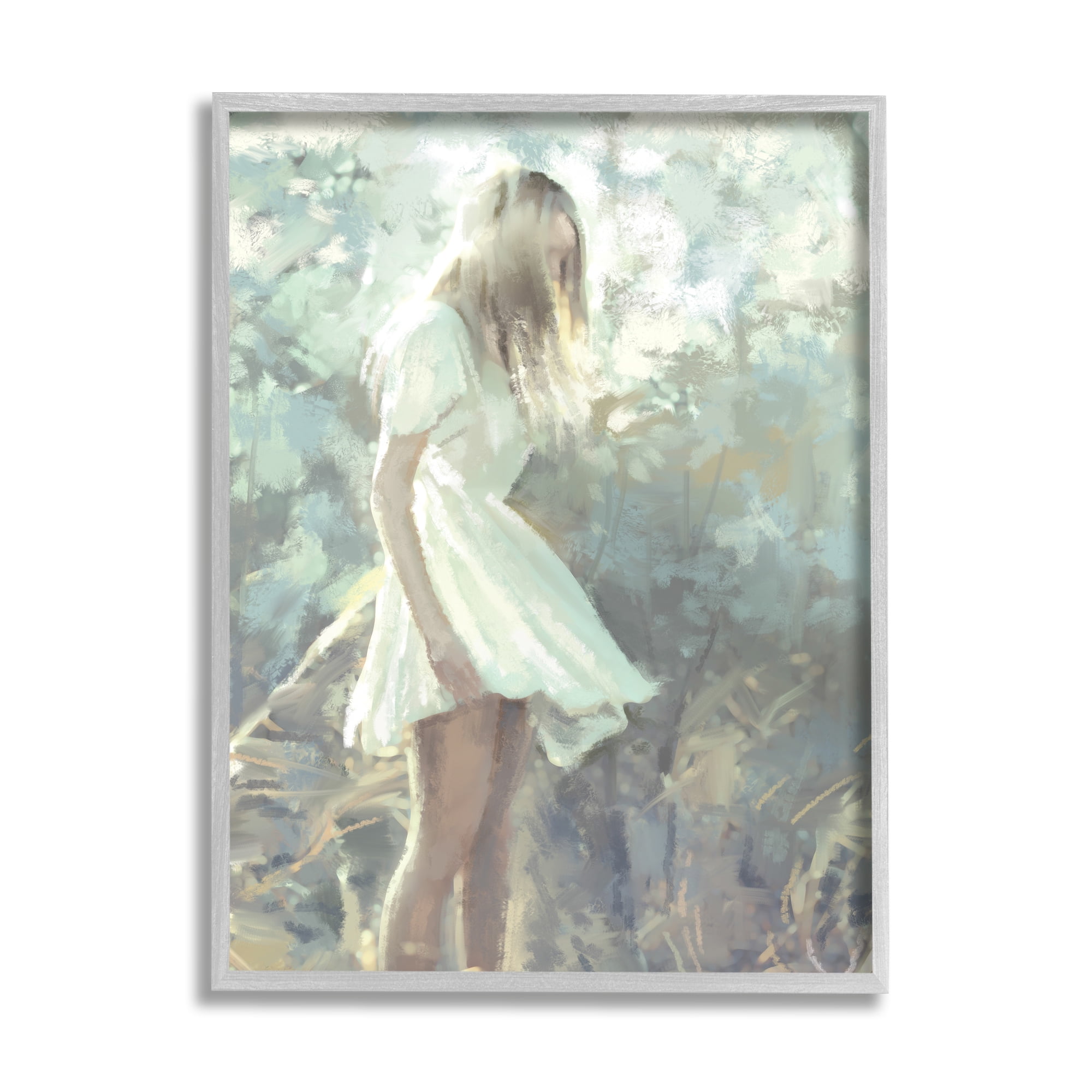 Stupell Industries Girl Wandering in Forest Grass Soft Muted Green Abstract Painting Gray Framed Art Print Wall Art, 11 x 14