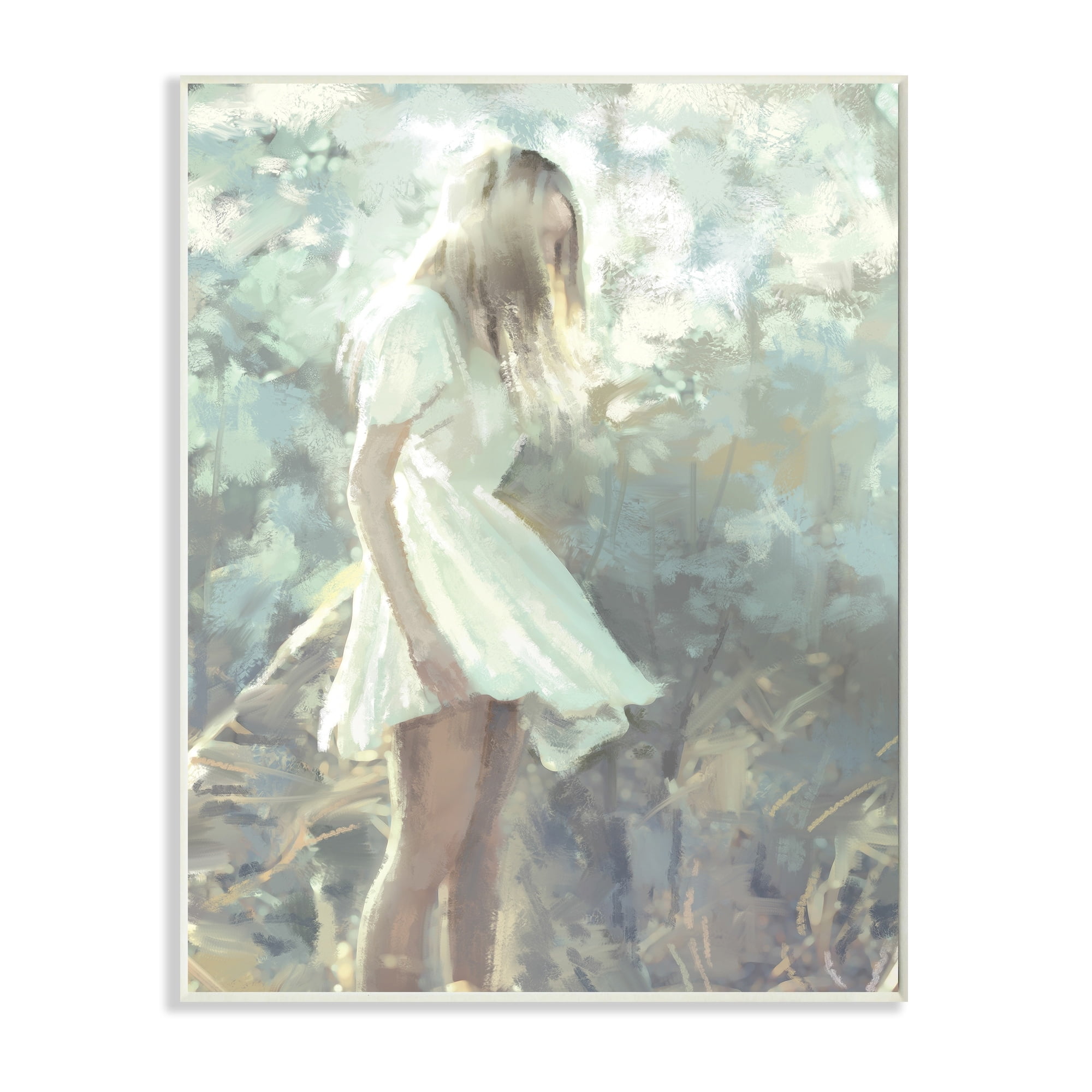 Stupell Industries Girl Wandering in Forest Grass Soft Muted Green Abstract Painting Unframed Art Print Wall Art, 10 x 15