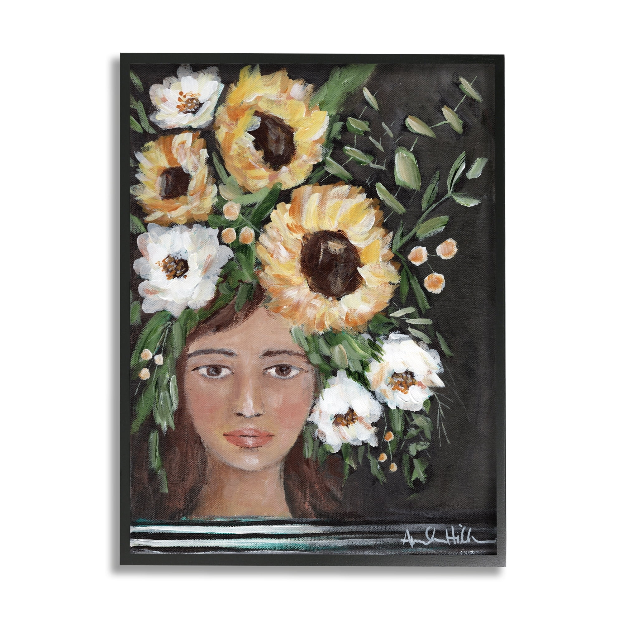 Stupell Industries Girl Wearing Flower Crown Yellow White Blossoms Painting Painting Black Framed Art Print Wall Art, Design by Amanda Hilburn