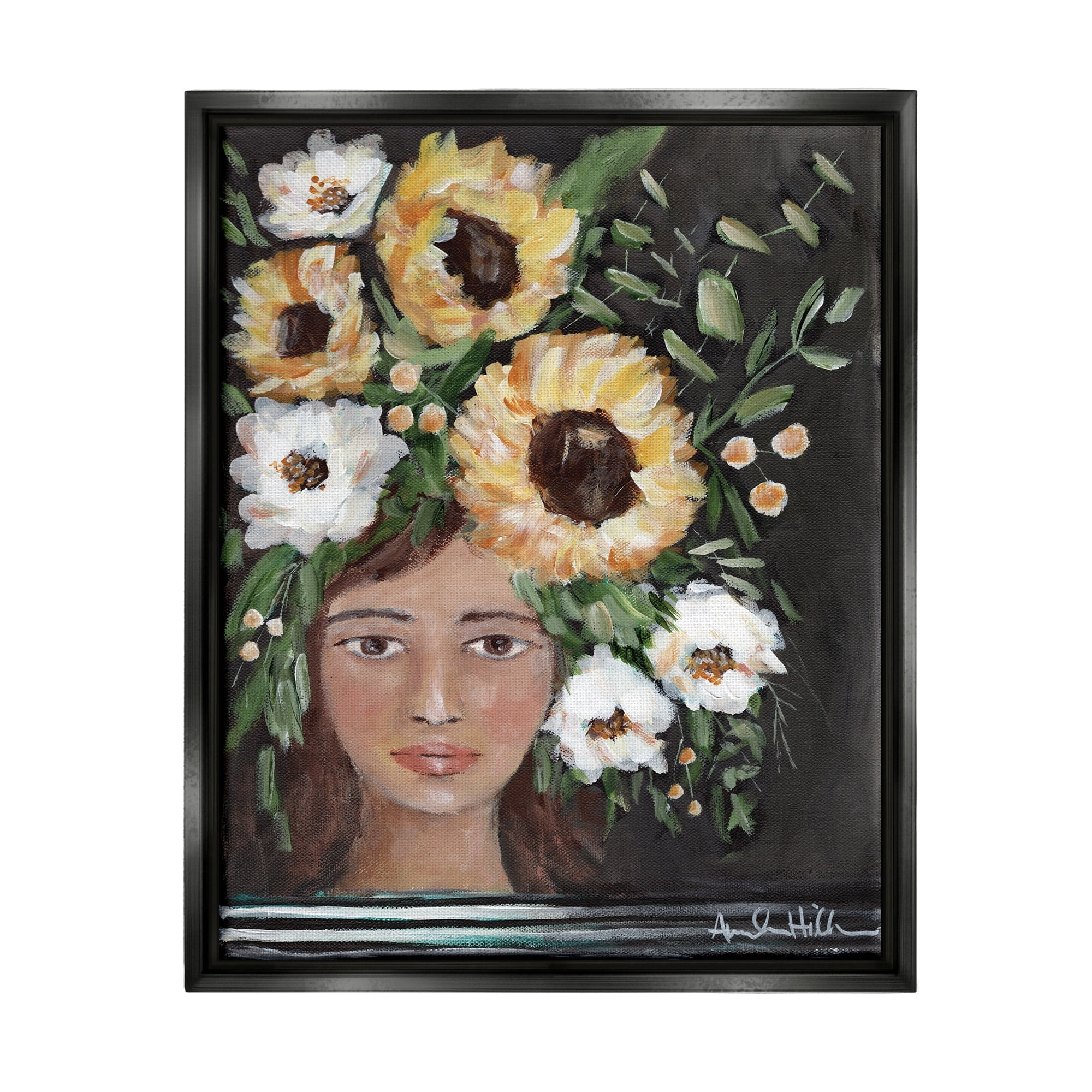 Stupell Industries Girl Wearing Flower Crown Yellow White Blossoms Painting Painting Jet Black Floating Framed Canvas Print Wall Art, Design by Amanda Hilburn