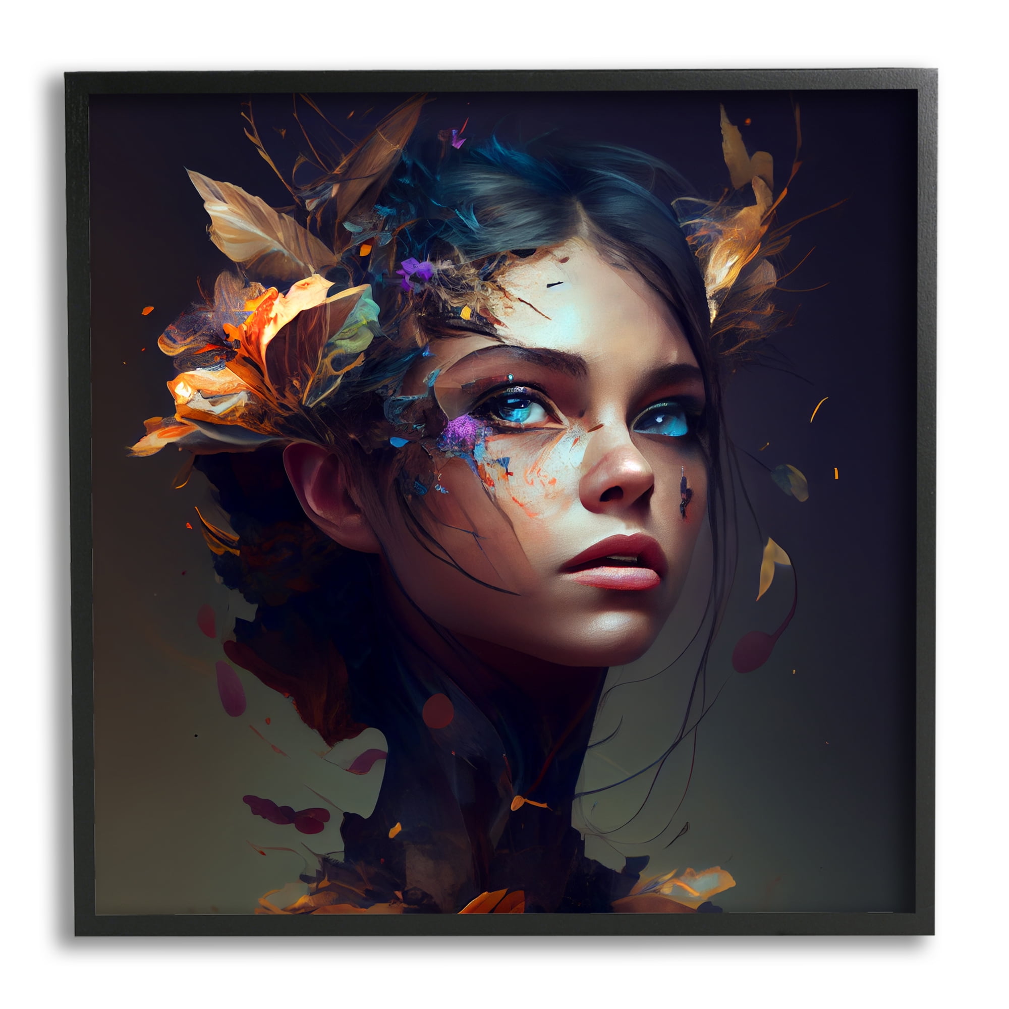 Stupell Industries Girl With Flowers In Hair Portrait Beauty & Fashion Painting Black Framed Art Print Wall Art