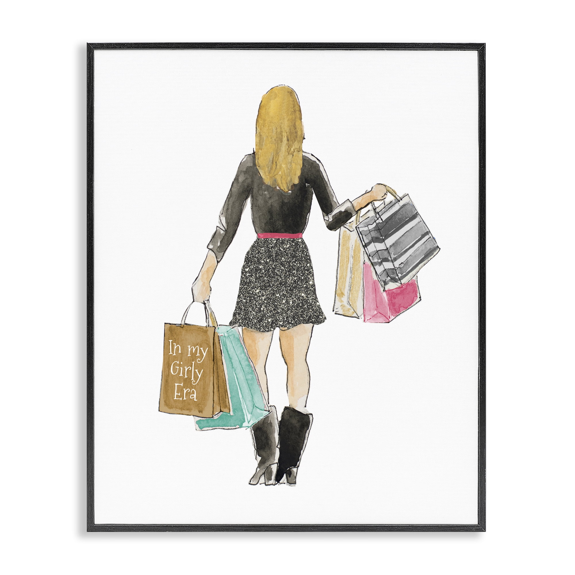 Stupell Industries Girl With Shopping Bags Black Framed Giclee Art, design by Lanie Loreth