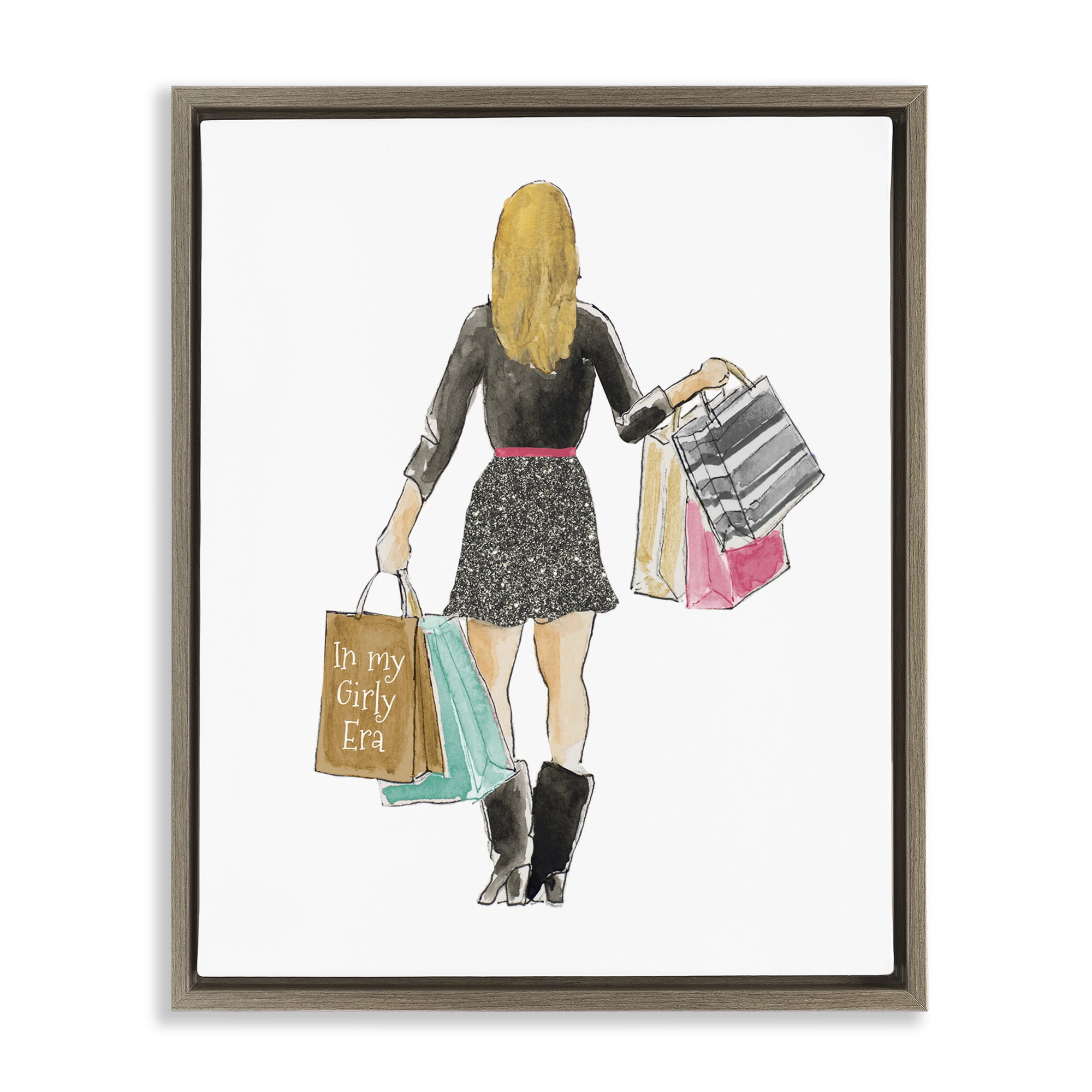 Stupell Industries Girl With Shopping Bags Brown Framed Floater Canvas Wall Art, design by Lanie Loreth