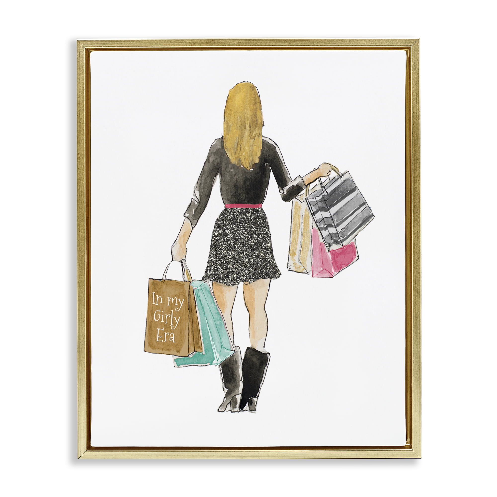 Stupell Industries Girl With Shopping Bags Gold Framed Floater Canvas Wall Art, design by Lanie Loreth