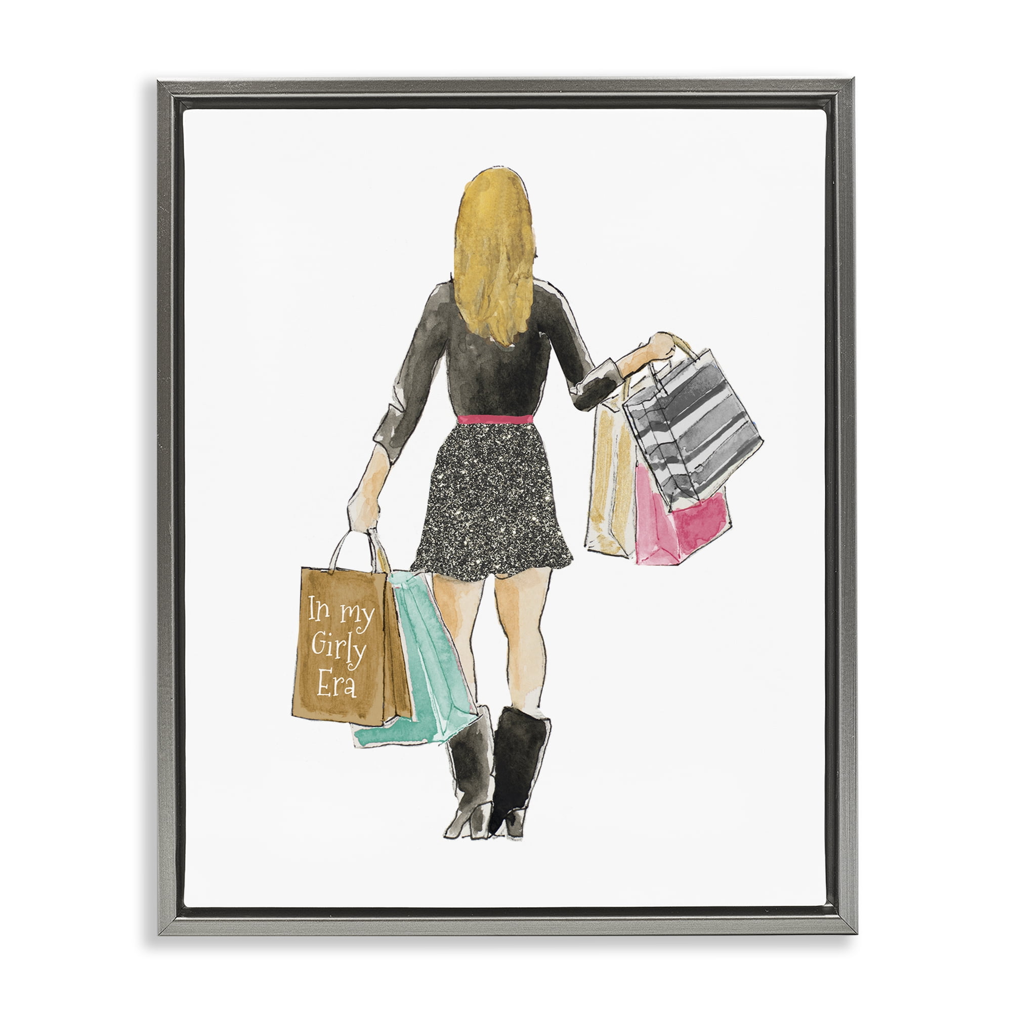Stupell Industries Girl With Shopping Bags Gray Framed Floater Canvas Wall Art, design by Lanie Loreth