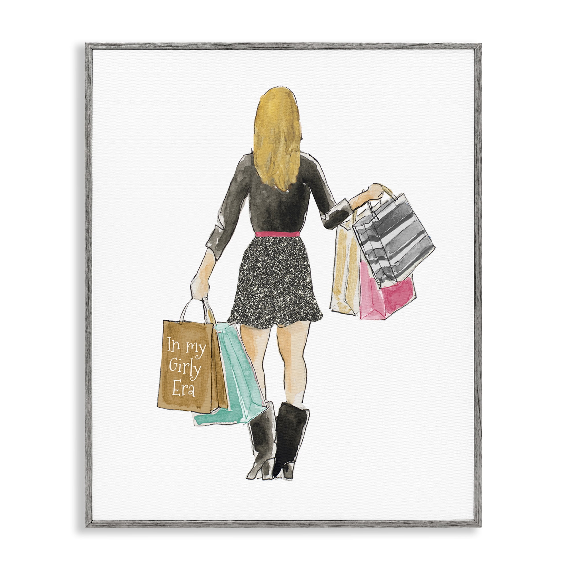 Stupell Industries Girl With Shopping Bags Gray Framed Giclee Art, design by Lanie Loreth