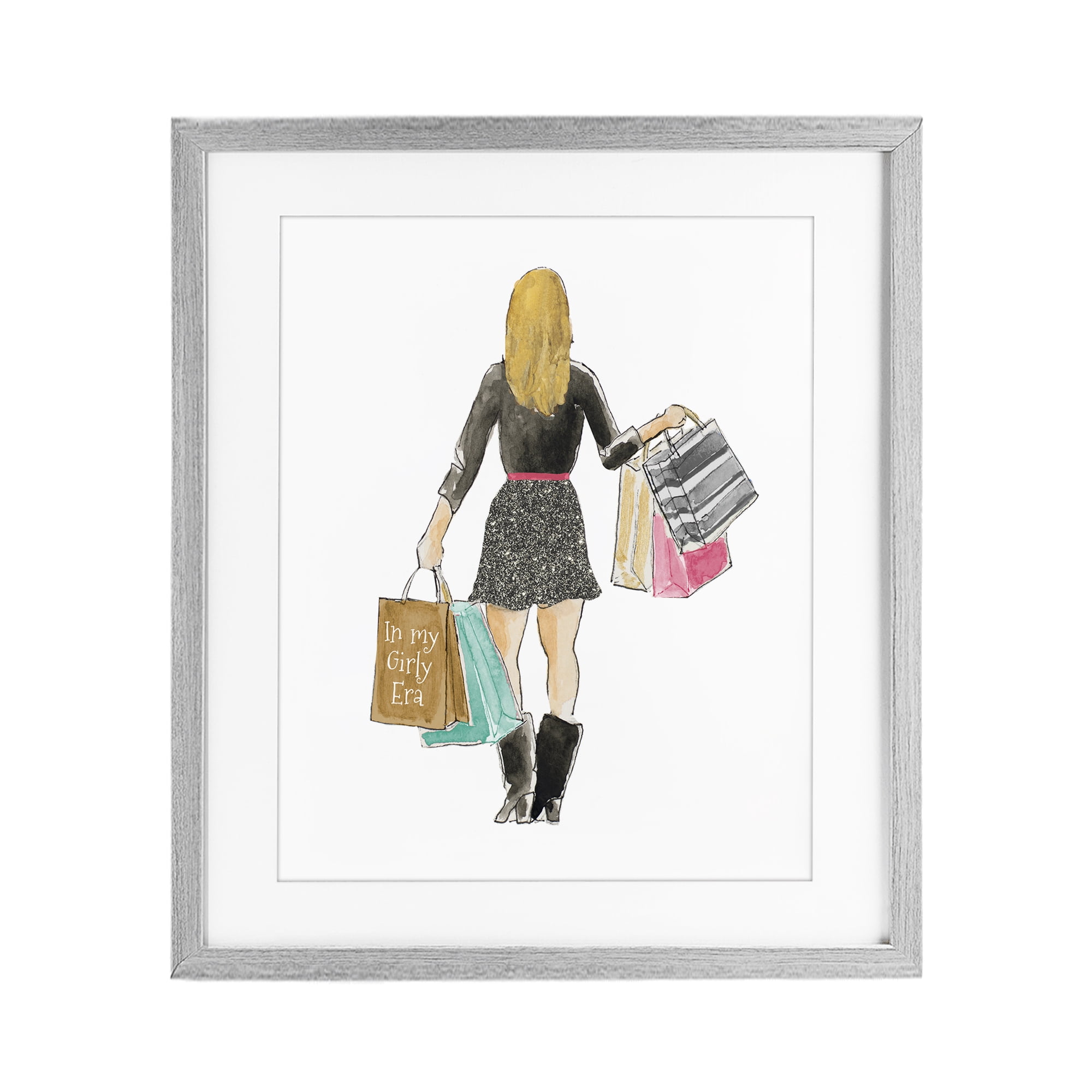 Stupell Industries Girl With Shopping Bags Gray Framed Print Under Glass, design by Lanie Loreth