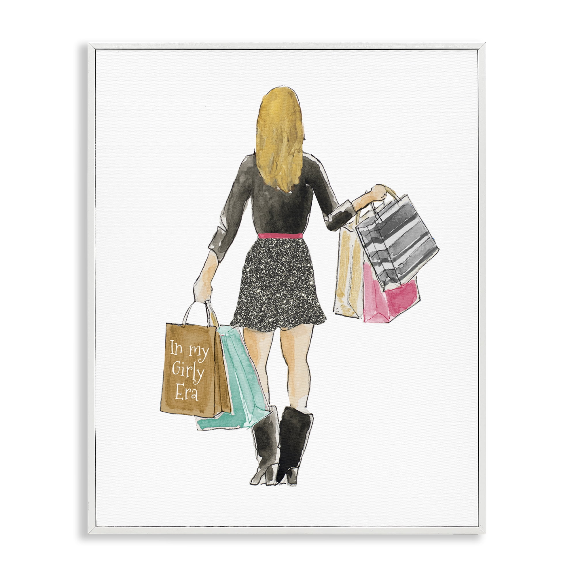 Stupell Industries Girl With Shopping Bags White Framed Giclee Art, design by Lanie Loreth