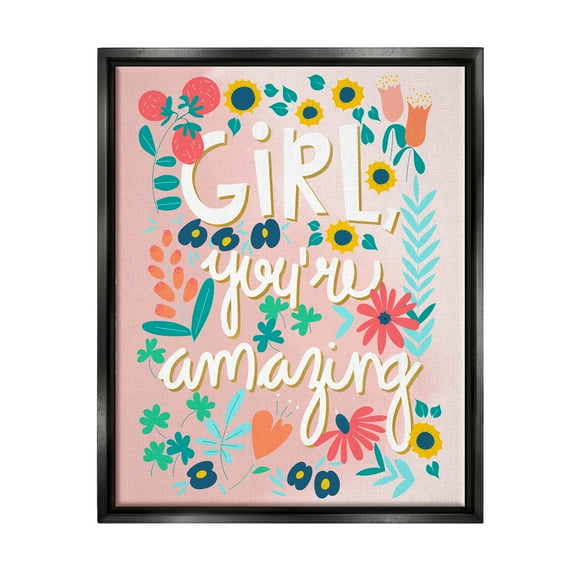 Stupell Industries Girl You're Amazing Phrase Botanical & Floral Painting Black Floater Framed Art Print Wall Art, 17 x 21