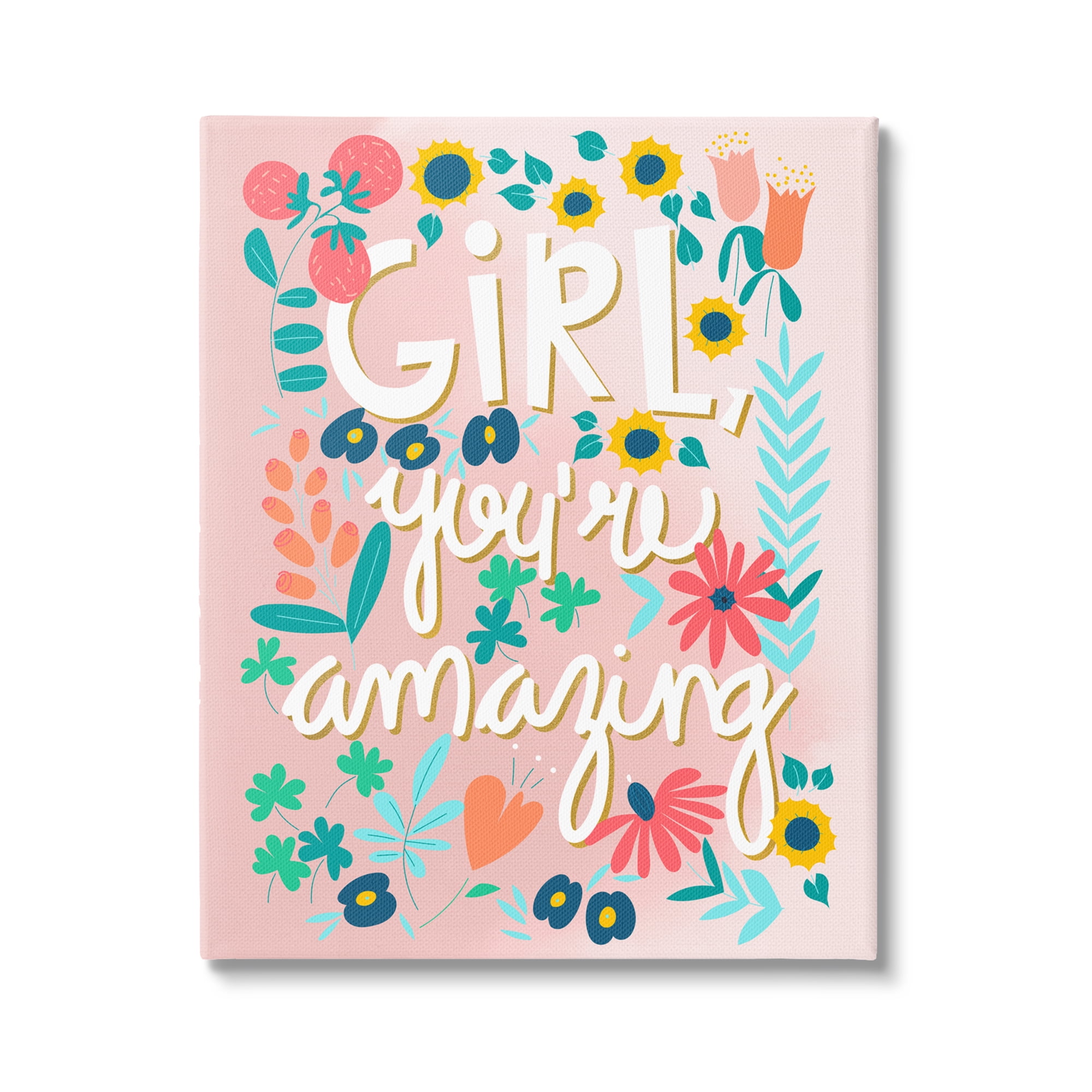 Stupell Industries Girl You're Amazing Phrase Botanical & Floral Painting Gallery Wrapped Canvas Print Wall Art, 24 x 30
