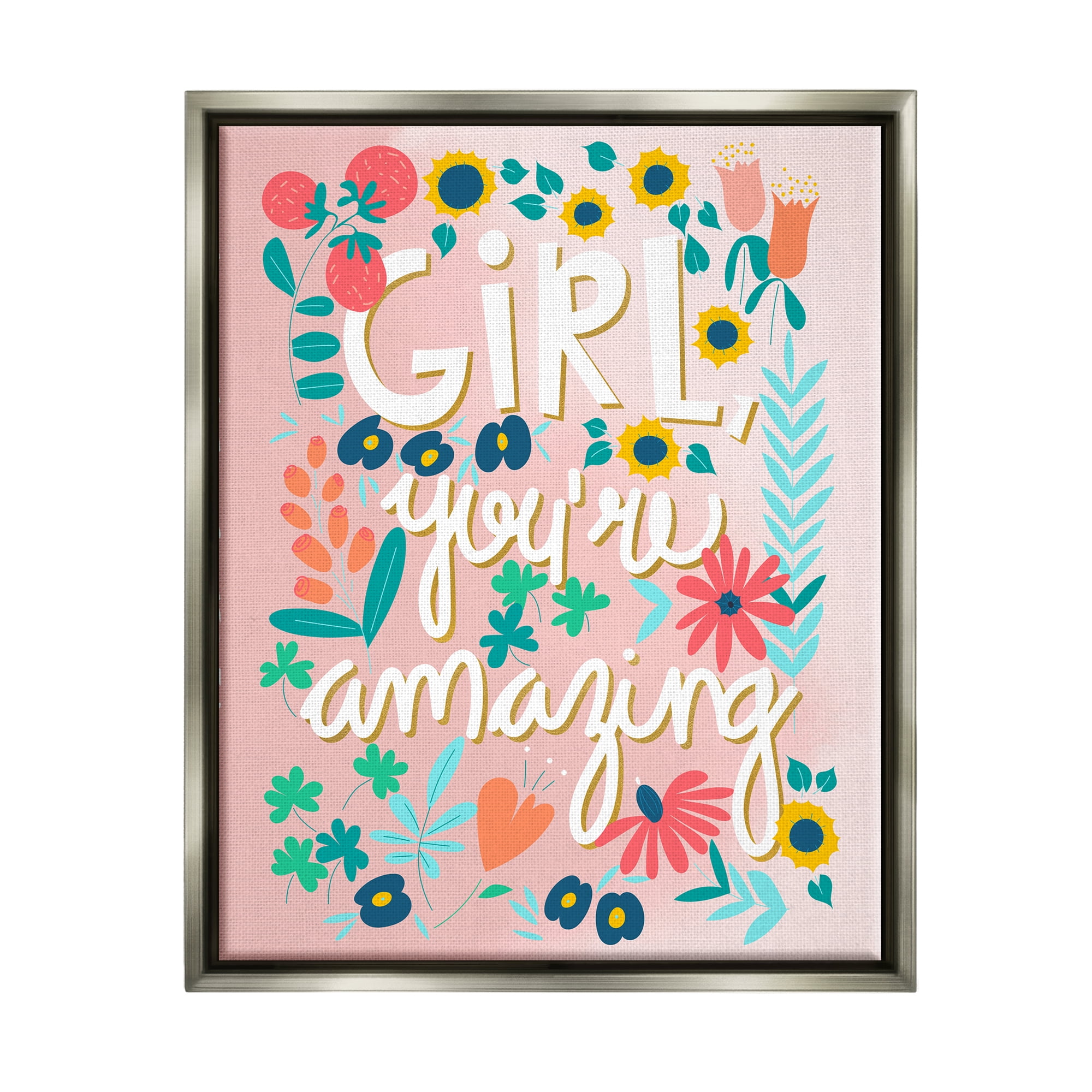 Stupell Industries Girl You're Amazing Phrase Botanical & Floral Painting Gray Floater Framed Art Print Wall Art, 25 x 31