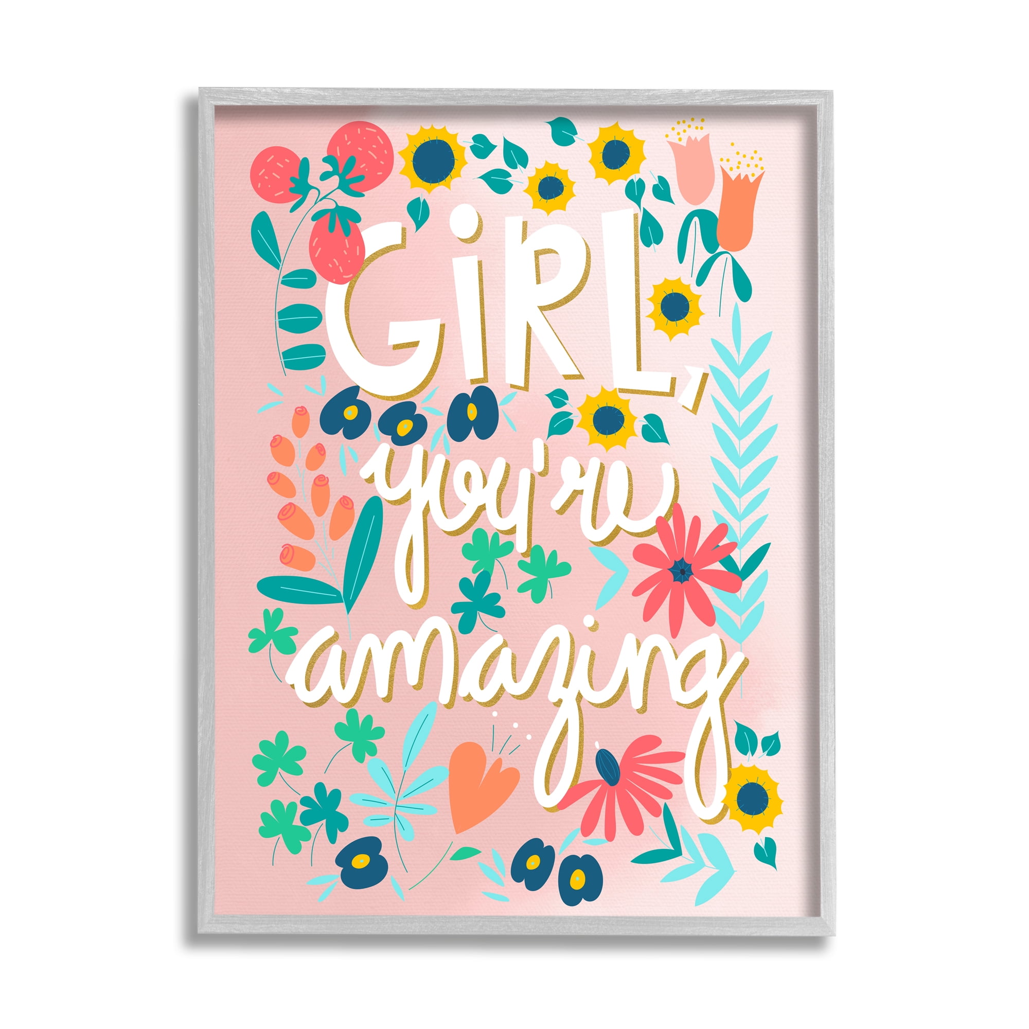 Stupell Industries Girl You're Amazing Phrase Botanical & Floral Painting Gray Framed Art Print Wall Art, 24 x 30