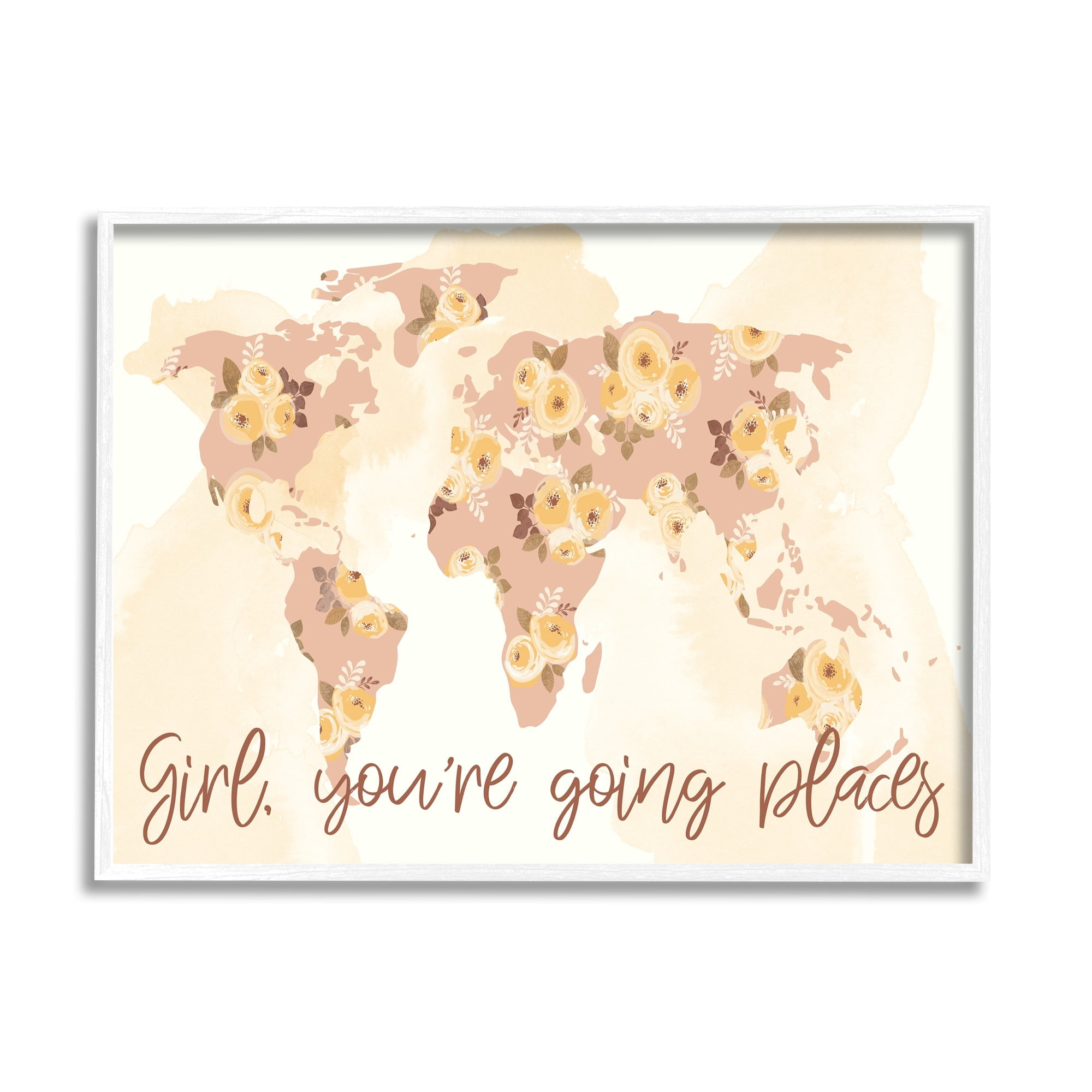Stupell Industries Girl You're Going Places Yellow Flower Blossom Map,14 x 11, Design by Jennifer Ellory