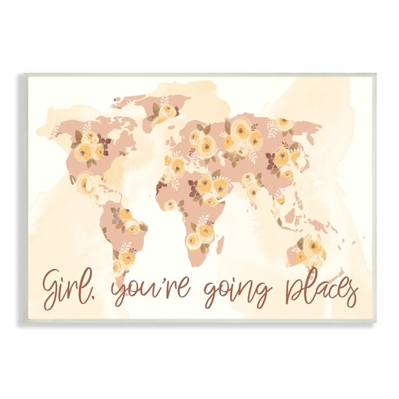 Stupell Industries Girl You're Going Places Yellow Flower Blossom Map,15 x 10, Design by Jennifer Ellory