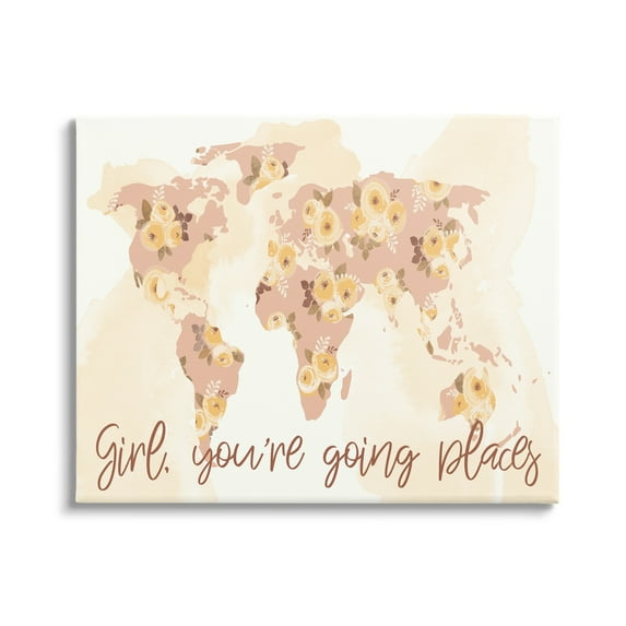 Stupell Industries Girl You're Going Places Yellow Flower Blossom Map,40 x 30, Design by Jennifer Ellory