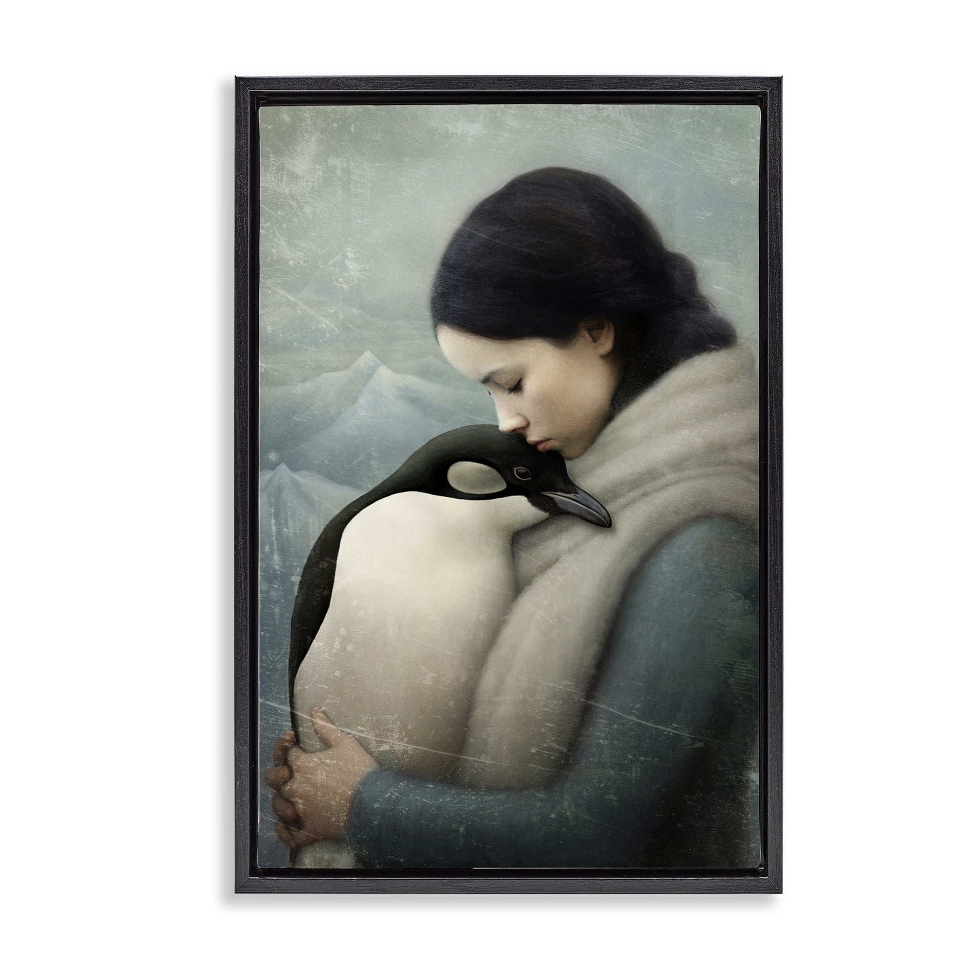 Stupell Industries Girl and Her Penguin People Painting Black Floater Framed Canvas Art Print Wall Art, 17 x 25
