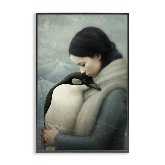 Stupell Industries Girl and Her Penguin People Painting Black Framed Art Print Wall Art, 12 x 18