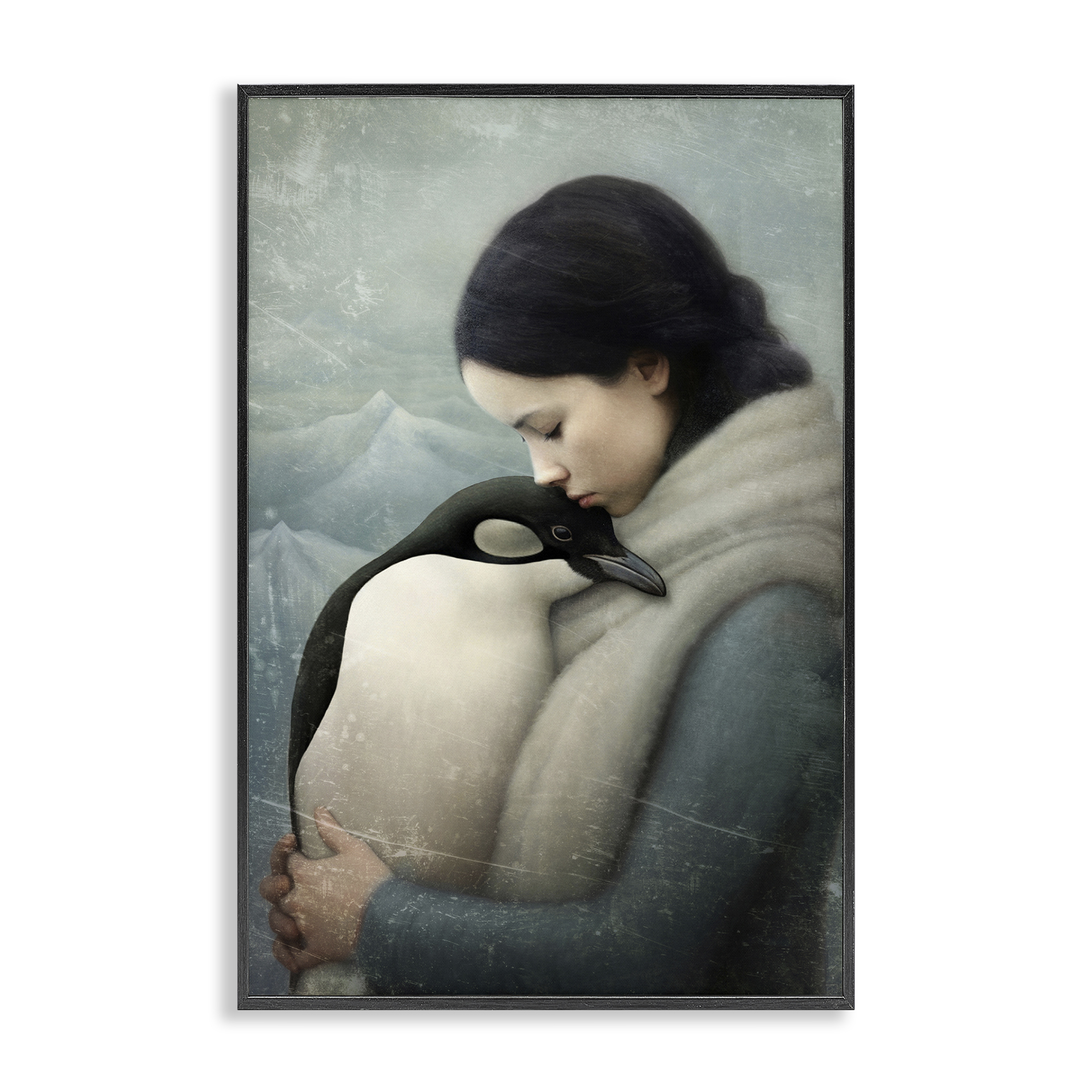 Stupell Industries Girl and Her Penguin People Painting Black Framed Art Print Wall Art, 16 x 24