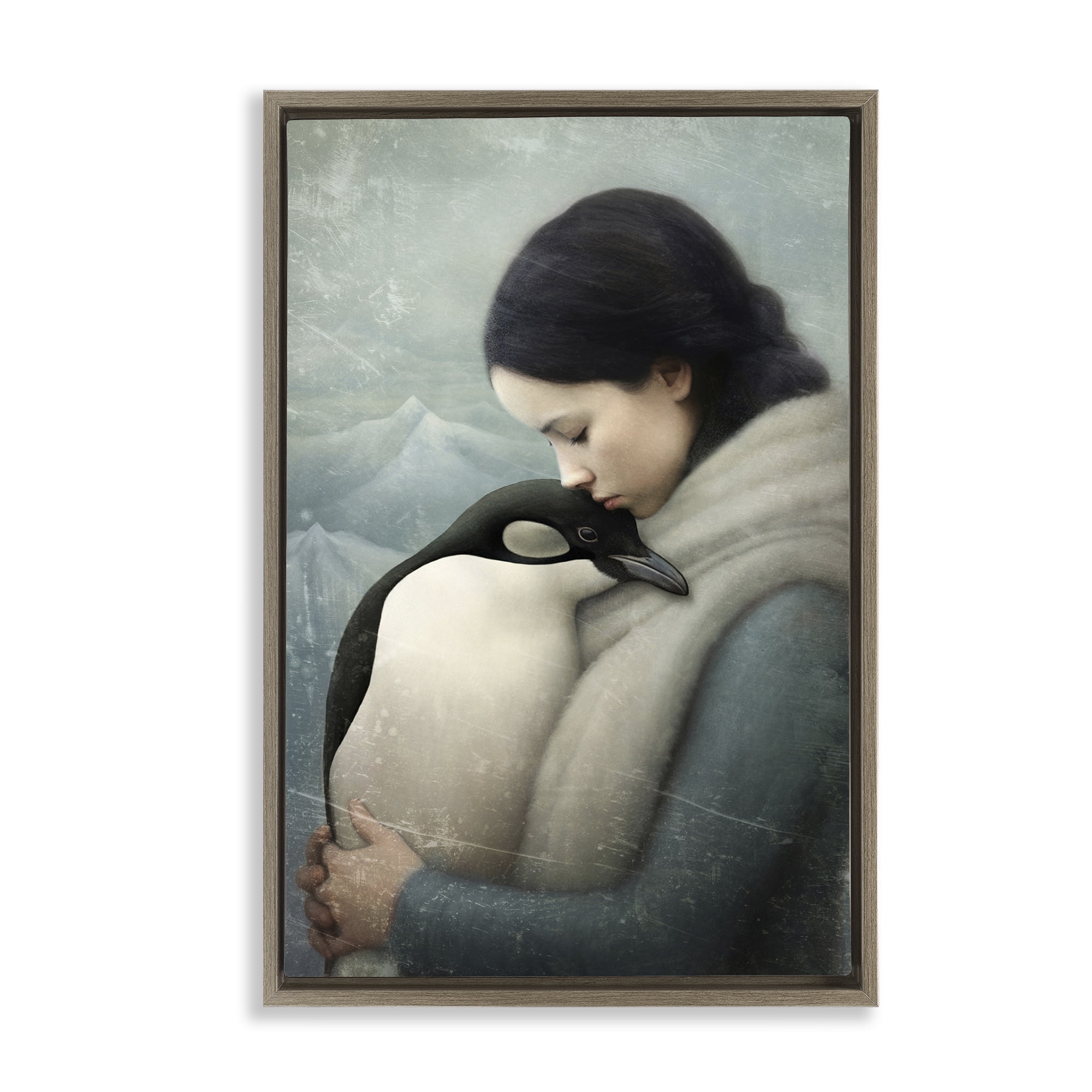 Stupell Industries Girl and Her Penguin People Painting Brown Floater Framed Canvas Art Print Wall Art, 17 x 25