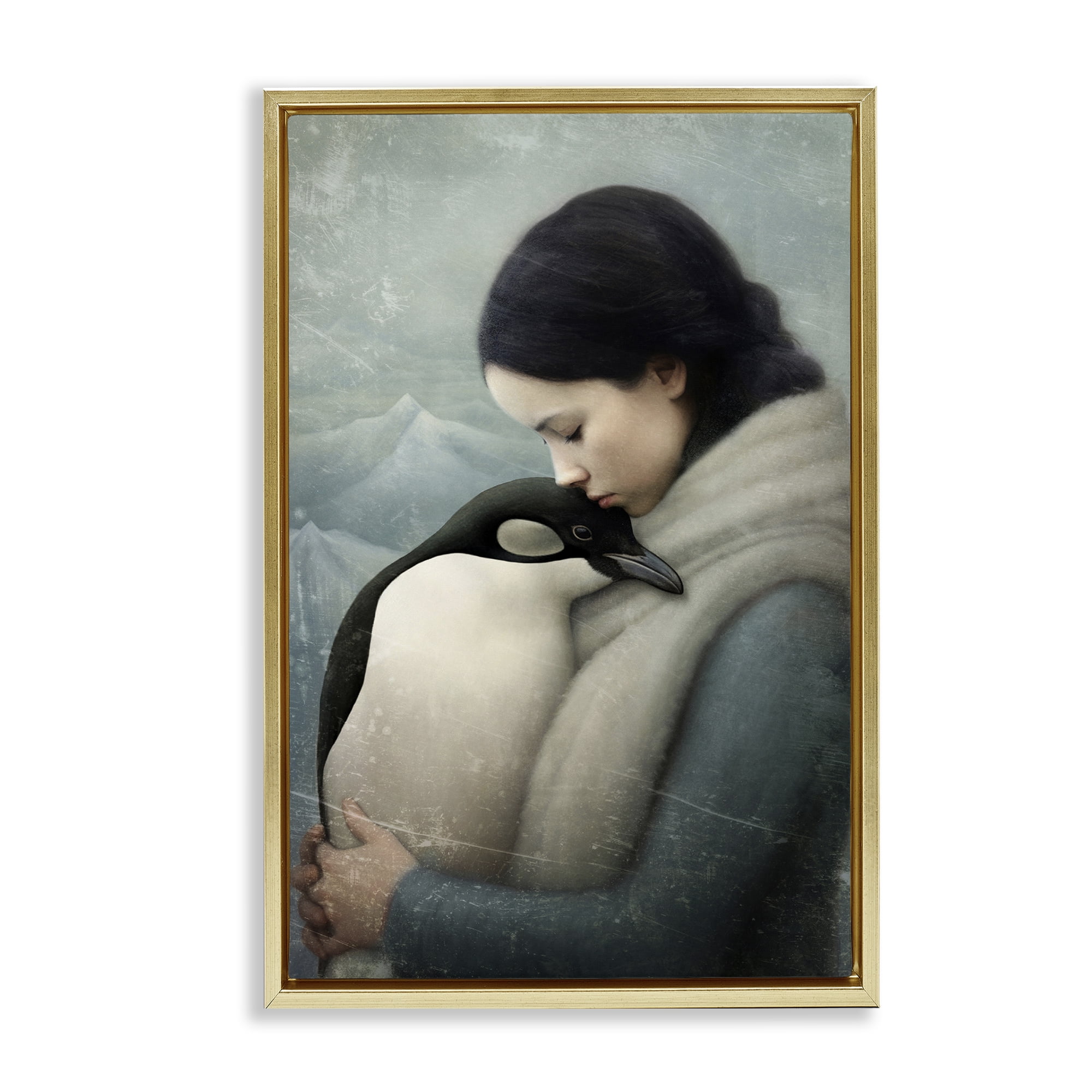 Stupell Industries Girl and Her Penguin People Painting Gold Floater Framed Canvas Art Print Wall Art, 17 x 25