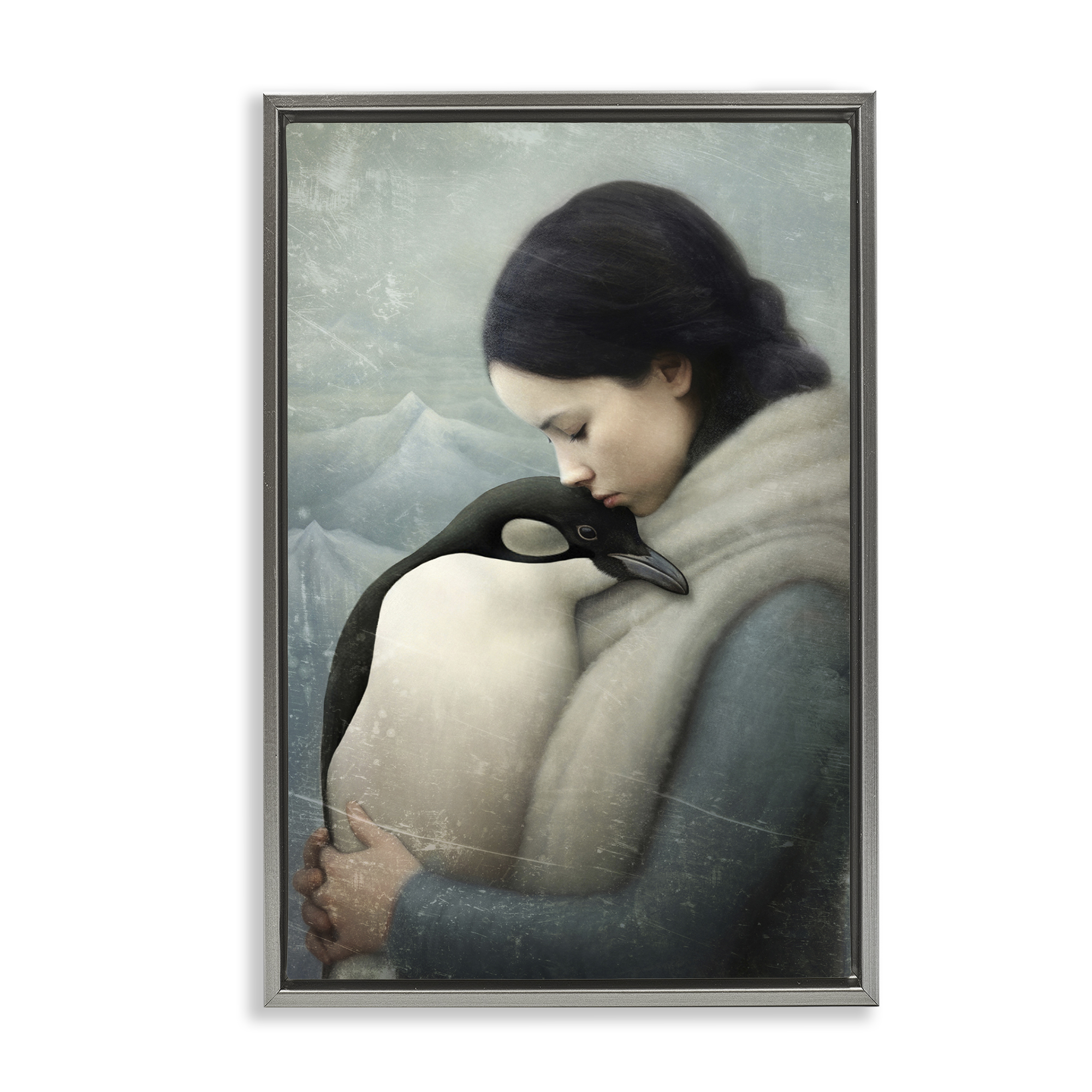 Stupell Industries Girl and Her Penguin People Painting Gray Floater Framed Canvas Art Print Wall Art, 17 x 25