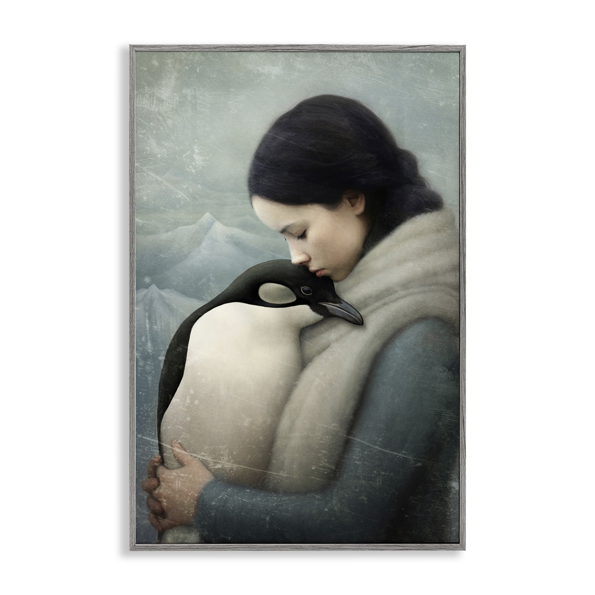 Stupell Industries Girl and Her Penguin People Painting Gray Framed Art Print Wall Art, 16 x 24