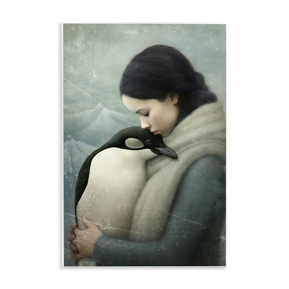 Stupell Industries Girl and Her Penguin People Painting Unframed Art Print Wall Art, 10 x 15