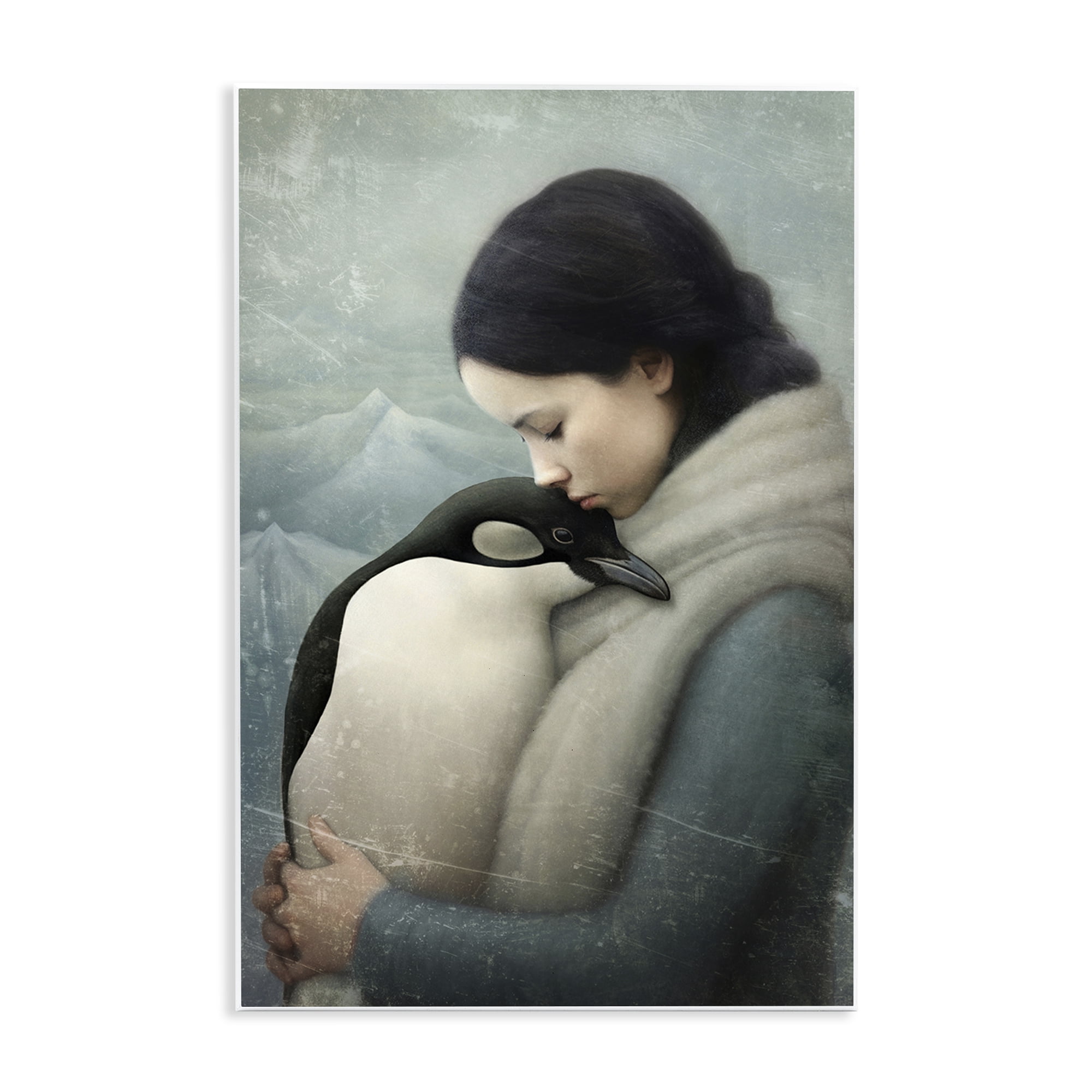 Stupell Industries Girl and Her Penguin People Painting Unframed Art Print Wall Art, 13 x 19