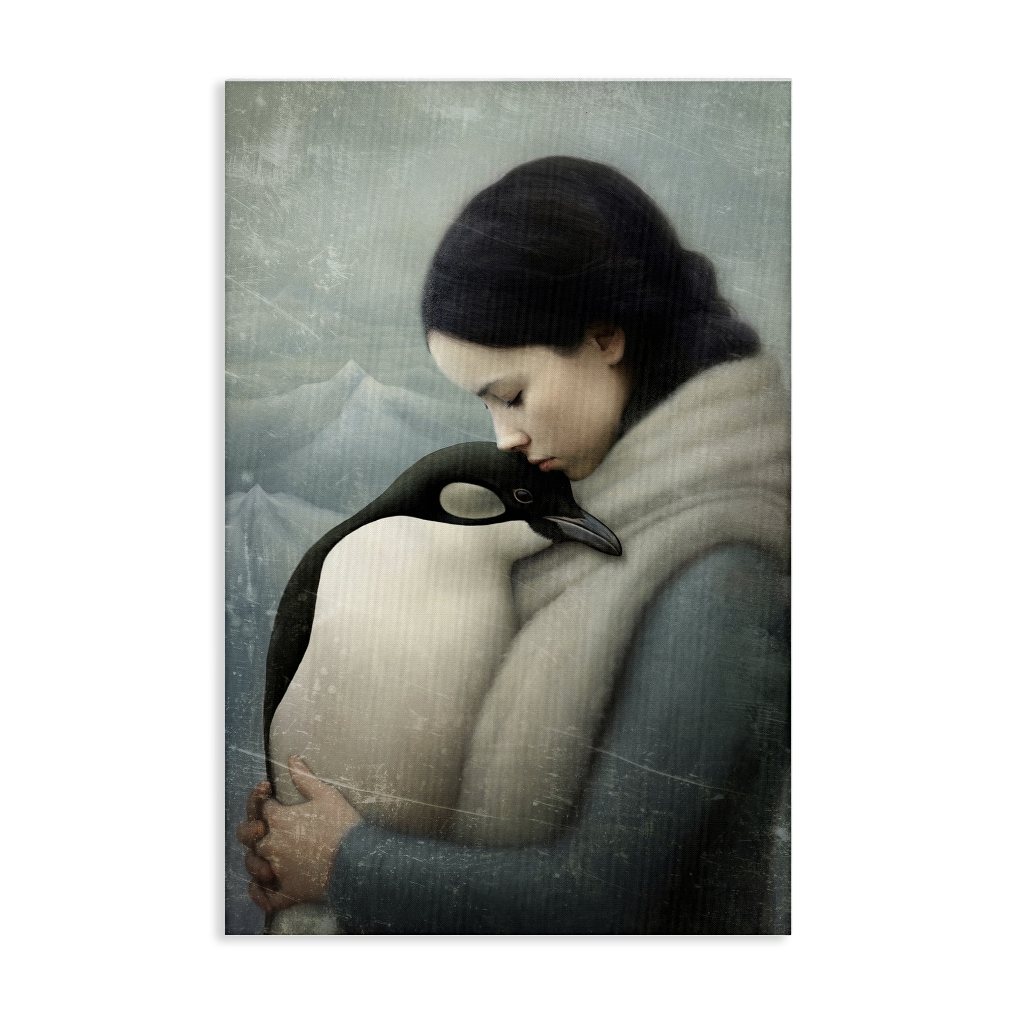 Stupell Industries Girl and Her Penguin People Painting Wrapped Canvas Art Print Wall Art, 16 x 24