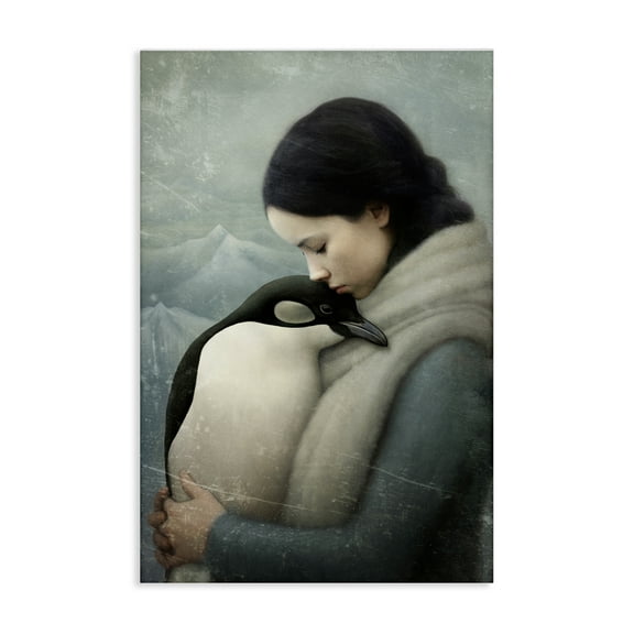 Stupell Industries Girl and Her Penguin People Painting Wrapped Canvas Art Print Wall Art, 16 x 24