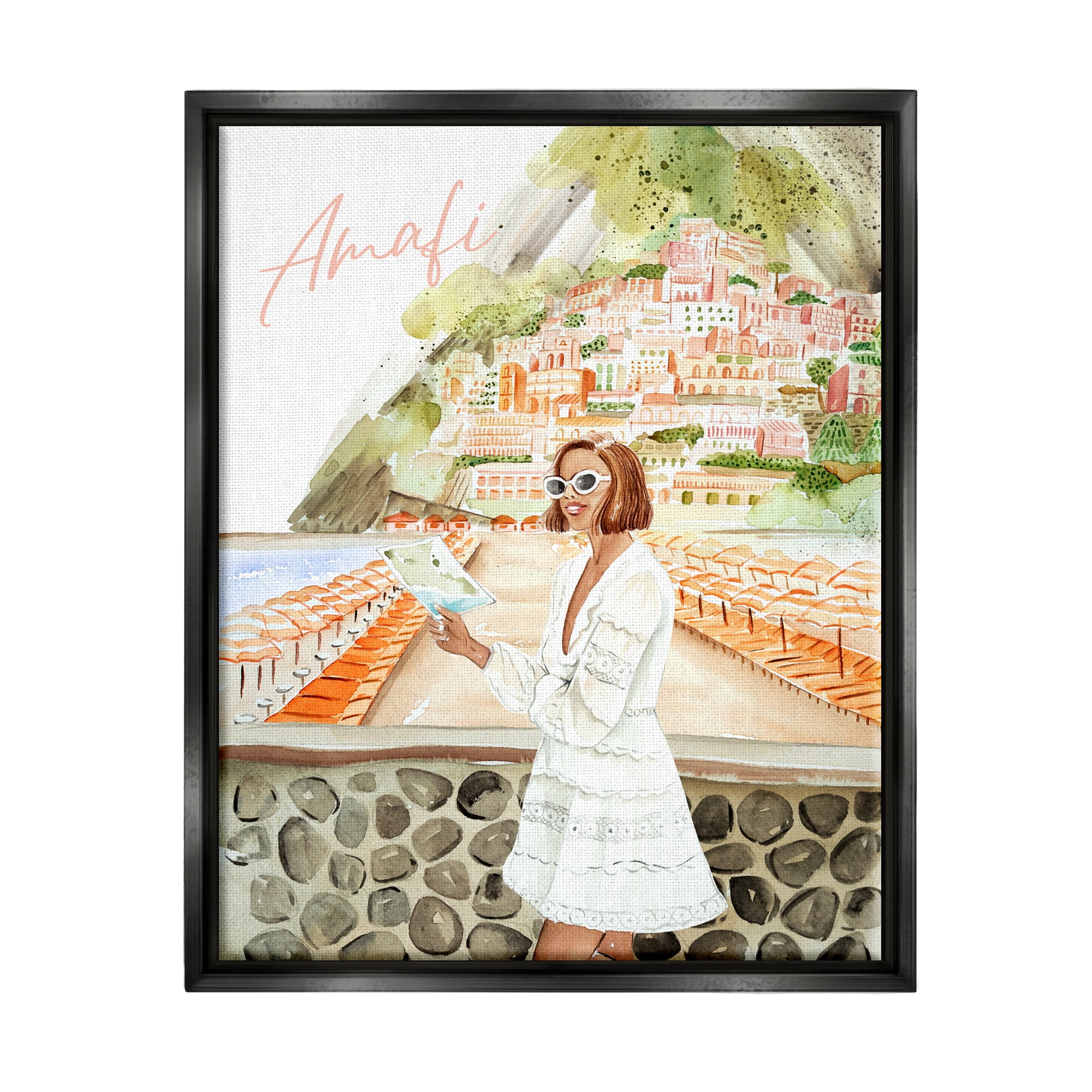 Stupell Industries Girl at Amalfi Coast Nature Painting Black Floater Framed Art Print Wall Art, 25 x 31