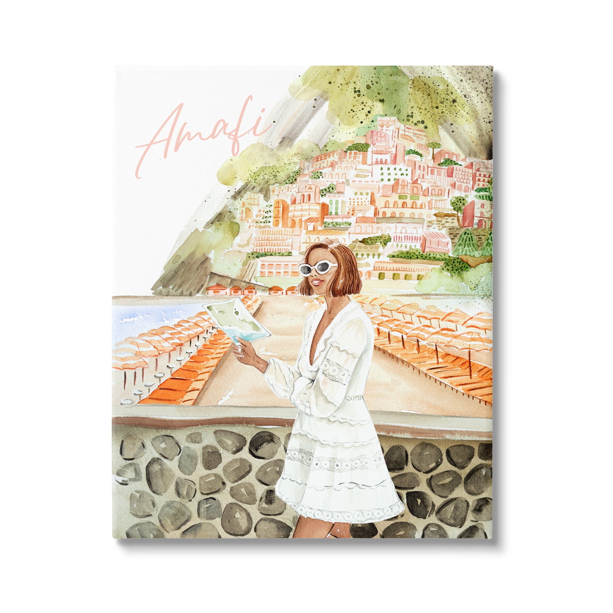 Stupell Industries Girl at Amalfi Coast Nature Painting Gallery Wrapped Canvas Print Wall Art, 24 x 30