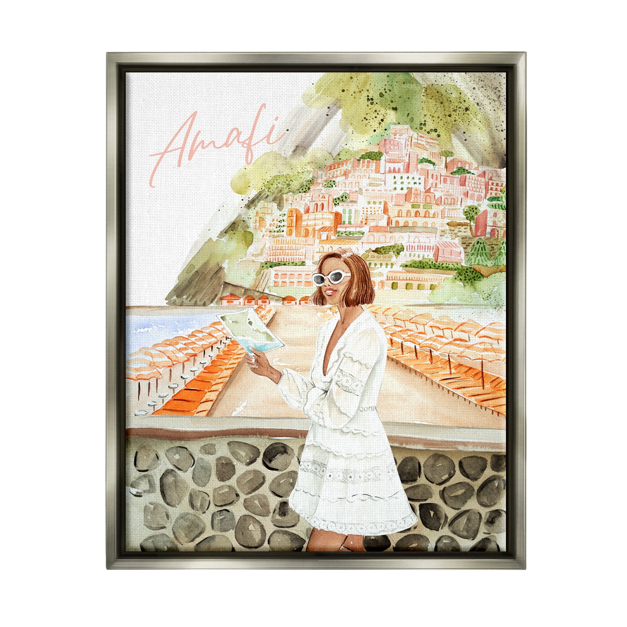 Stupell Industries Girl at Amalfi Coast Nature Painting Gray Floater Framed Art Print Wall Art, 17 x 21