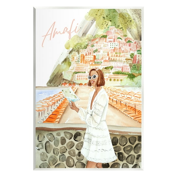 Stupell Industries Girl at Amalfi Coast Nature Painting Unframed Art Print Wall Art, 13 x 19