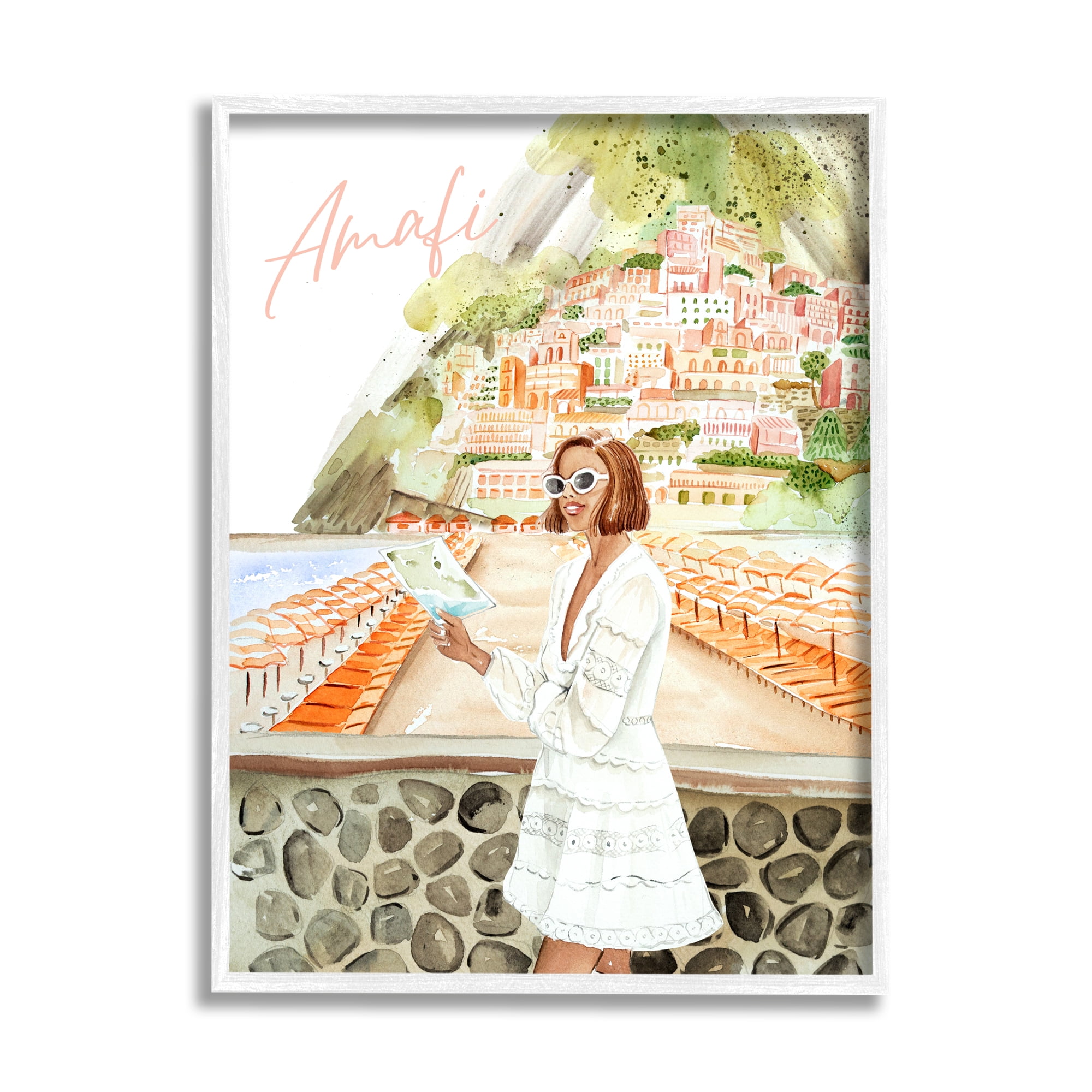 Stupell Industries Girl at Amalfi Coast Nature Painting White Framed Art Print Wall Art, 11 x 14