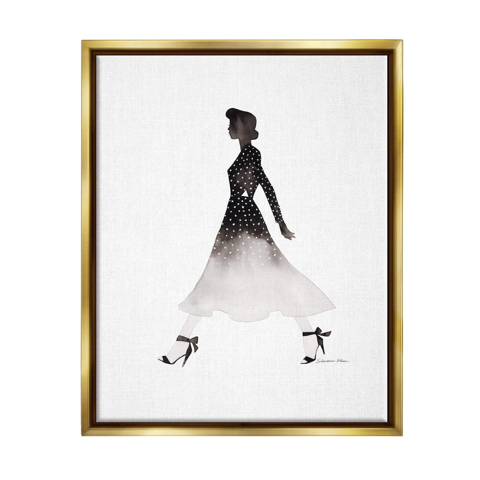 Stupell Industries Girl in Black Dress Beauty & Fashion Painting Gold Floater Framed Art Print Wall Art, 17 x 21
