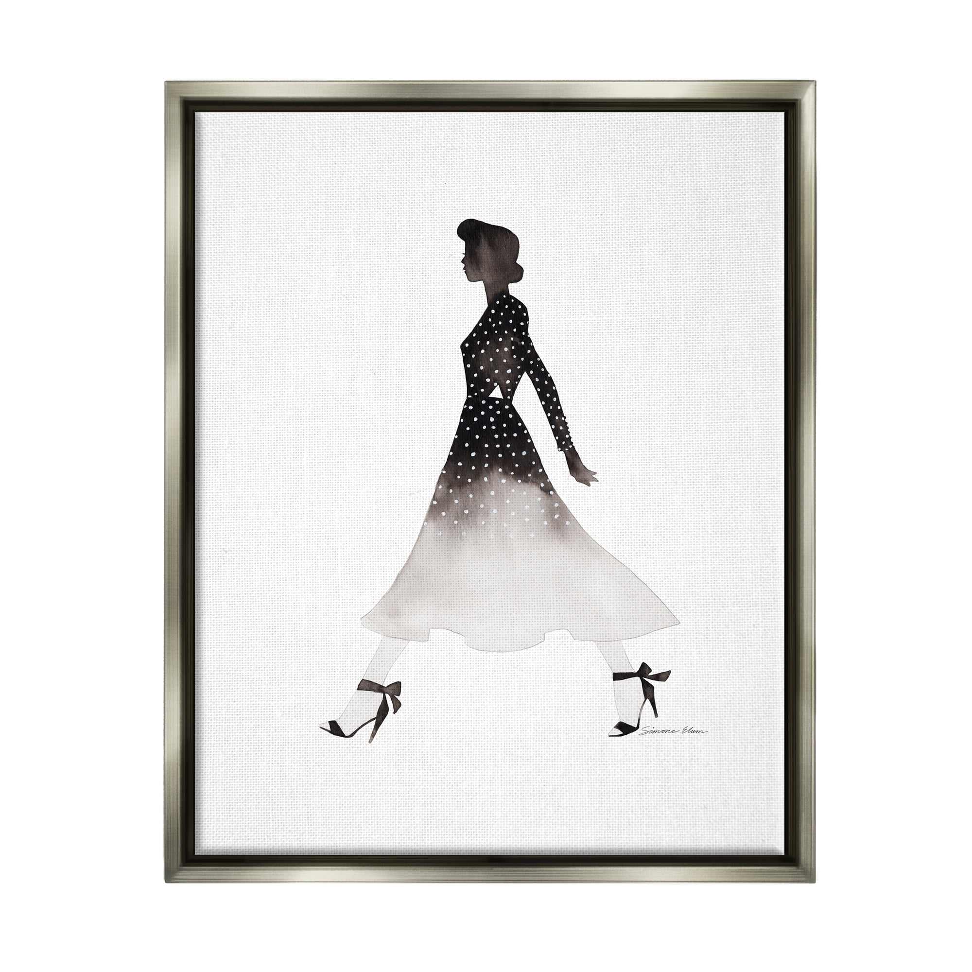 Stupell Industries Girl in Black Dress Beauty & Fashion Painting Gray Floater Framed Art Print Wall Art, 25 x 31