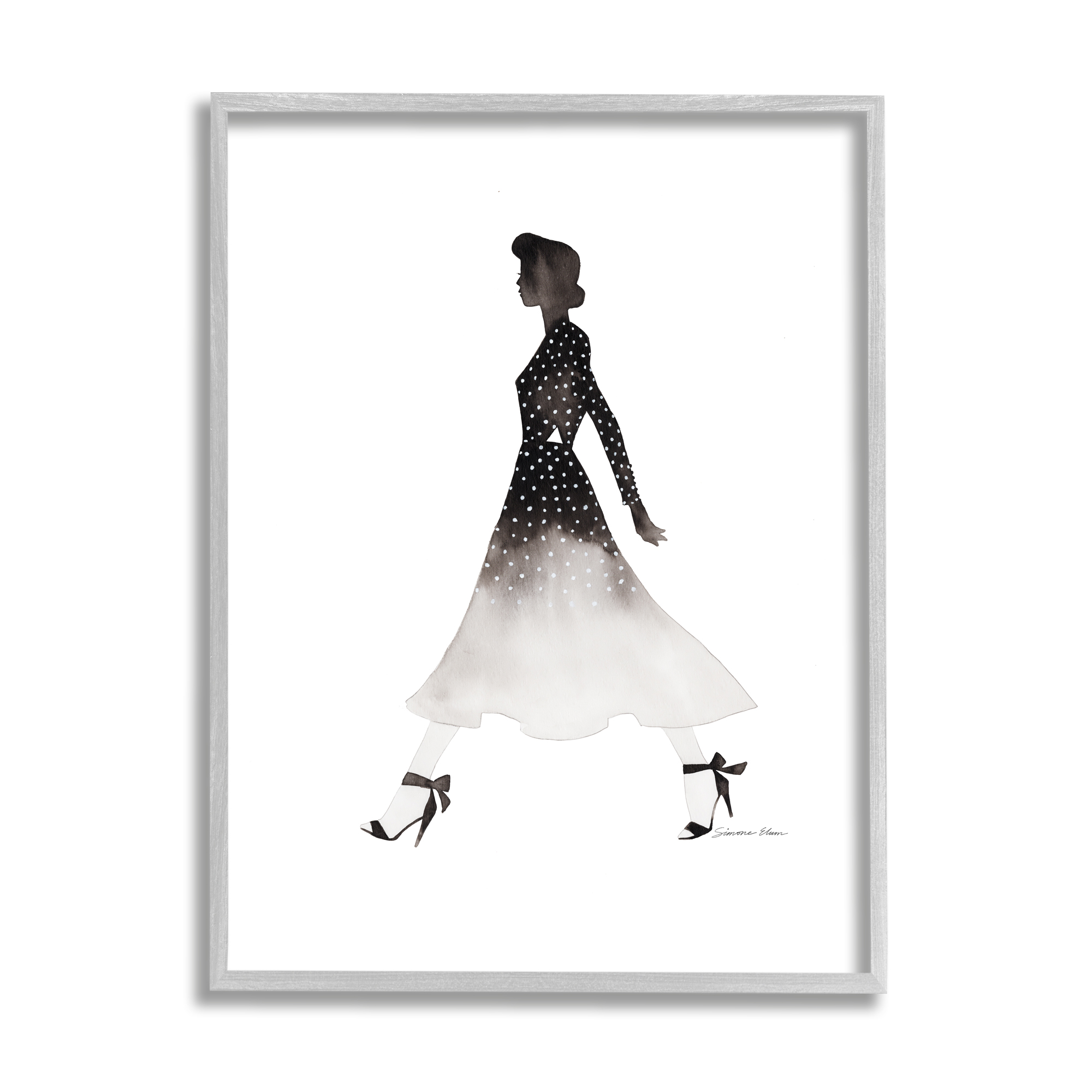 Stupell Industries Girl in Black Dress Beauty & Fashion Painting Gray Framed Art Print Wall Art, 16 x 20