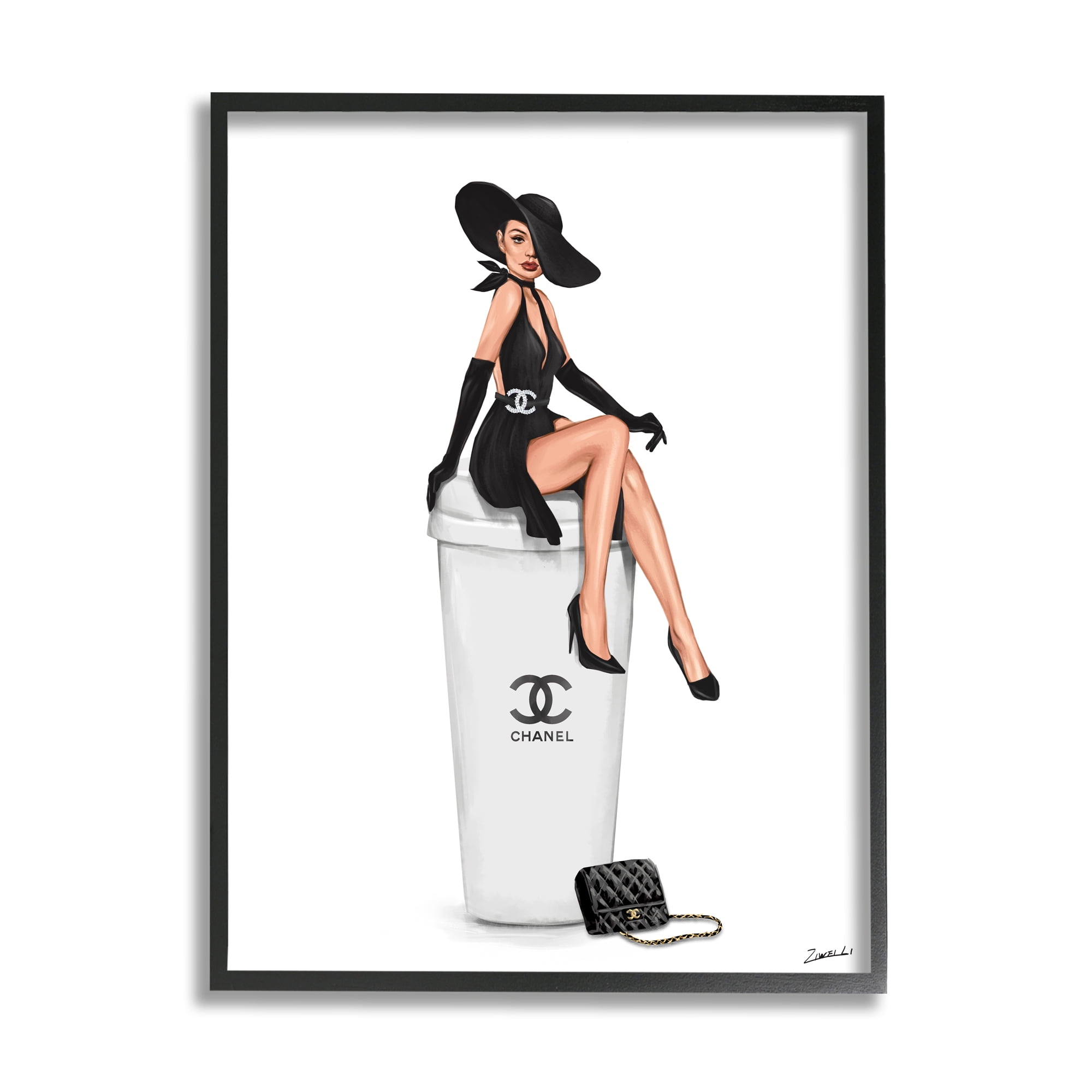 Stupell Industries Girl in Black Dress Fashion Food & Beverage Painting Black Framed Art Print Wall Art, 16 x 20