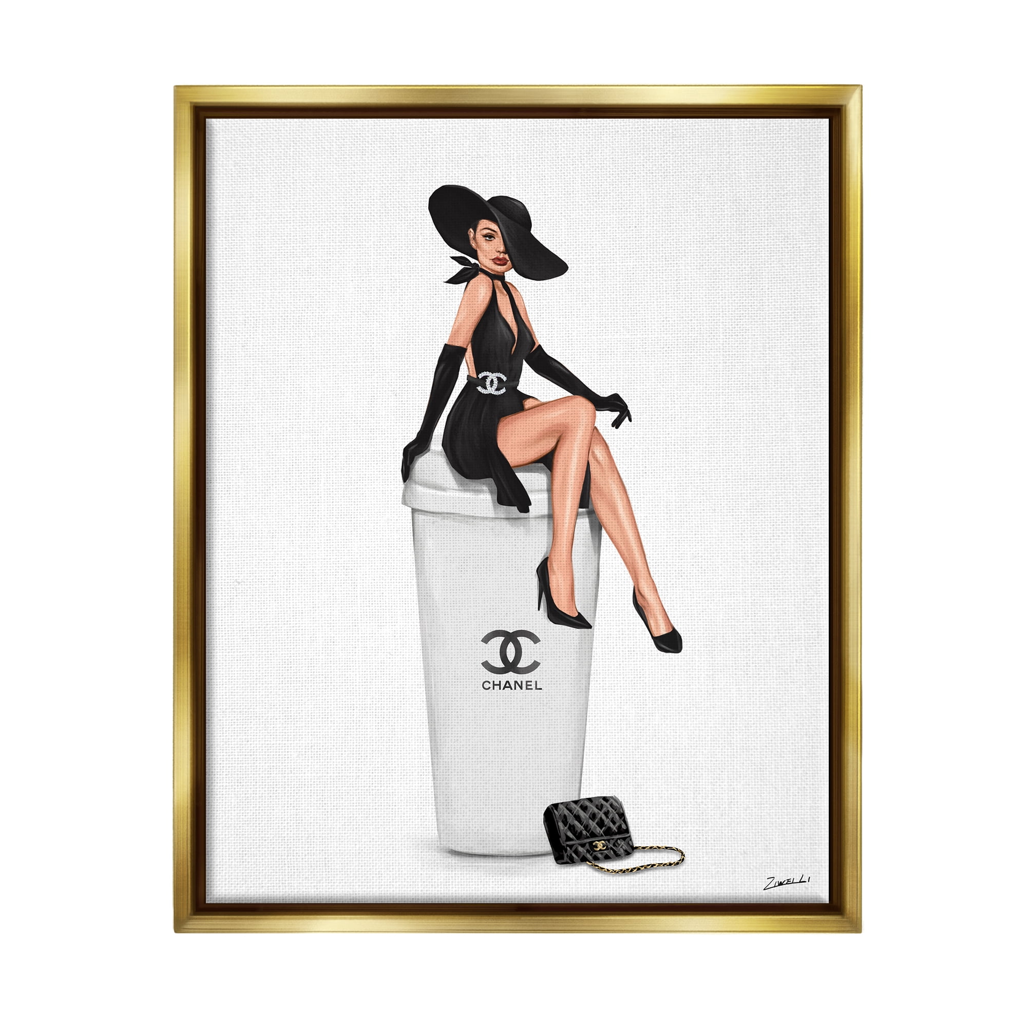 Stupell Industries Girl in Black Dress Fashion Food & Beverage Painting Gold Floater Framed Art Print Wall Art, 25 x 31