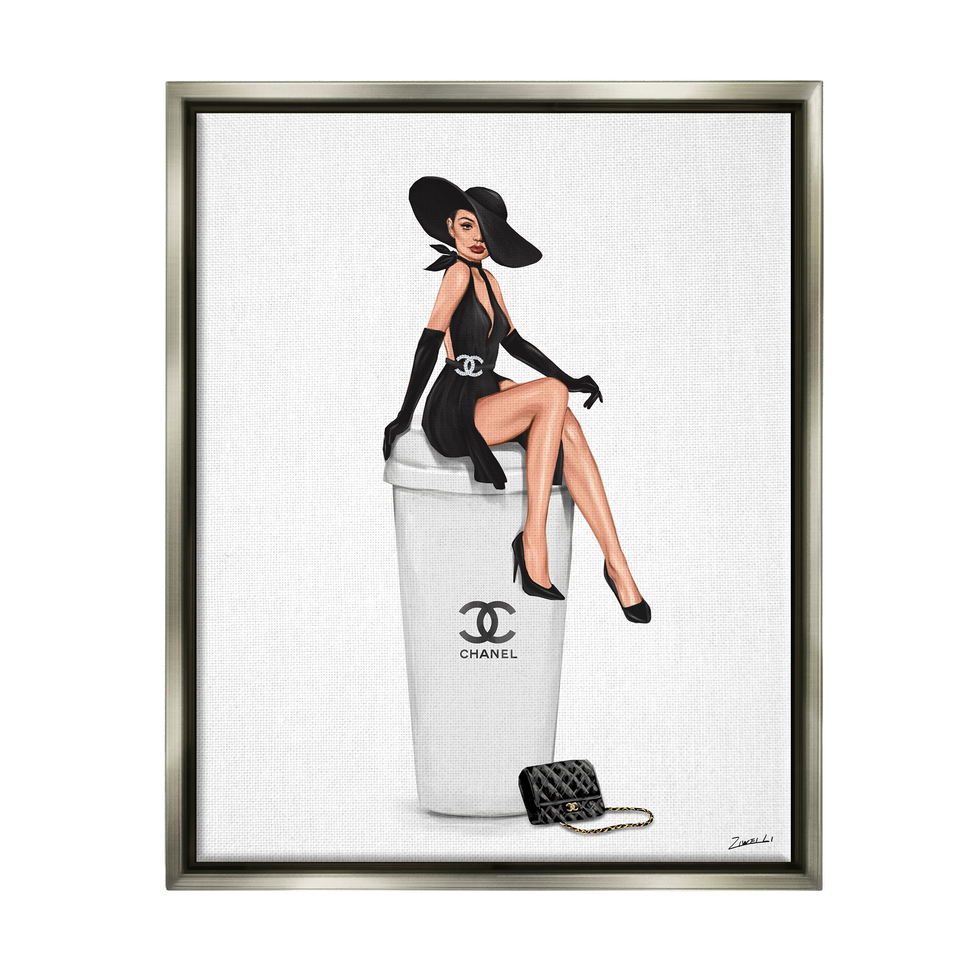 Stupell Industries Girl in Black Dress Fashion Food & Beverage Painting Gray Floater Framed Art Print Wall Art, 17 x 21