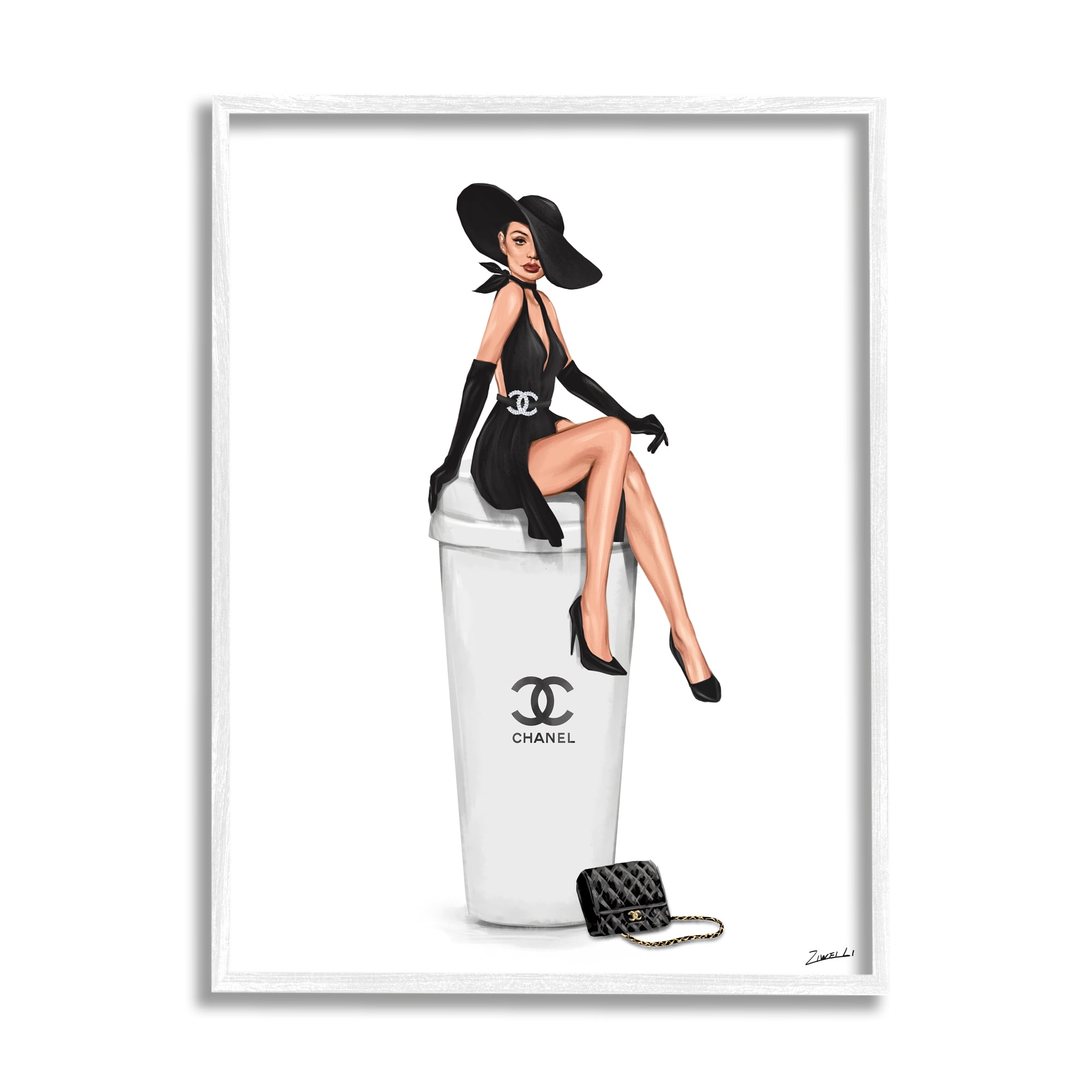 Stupell Industries Girl in Black Dress Fashion Food & Beverage Painting White Framed Art Print Wall Art, 16 x 20