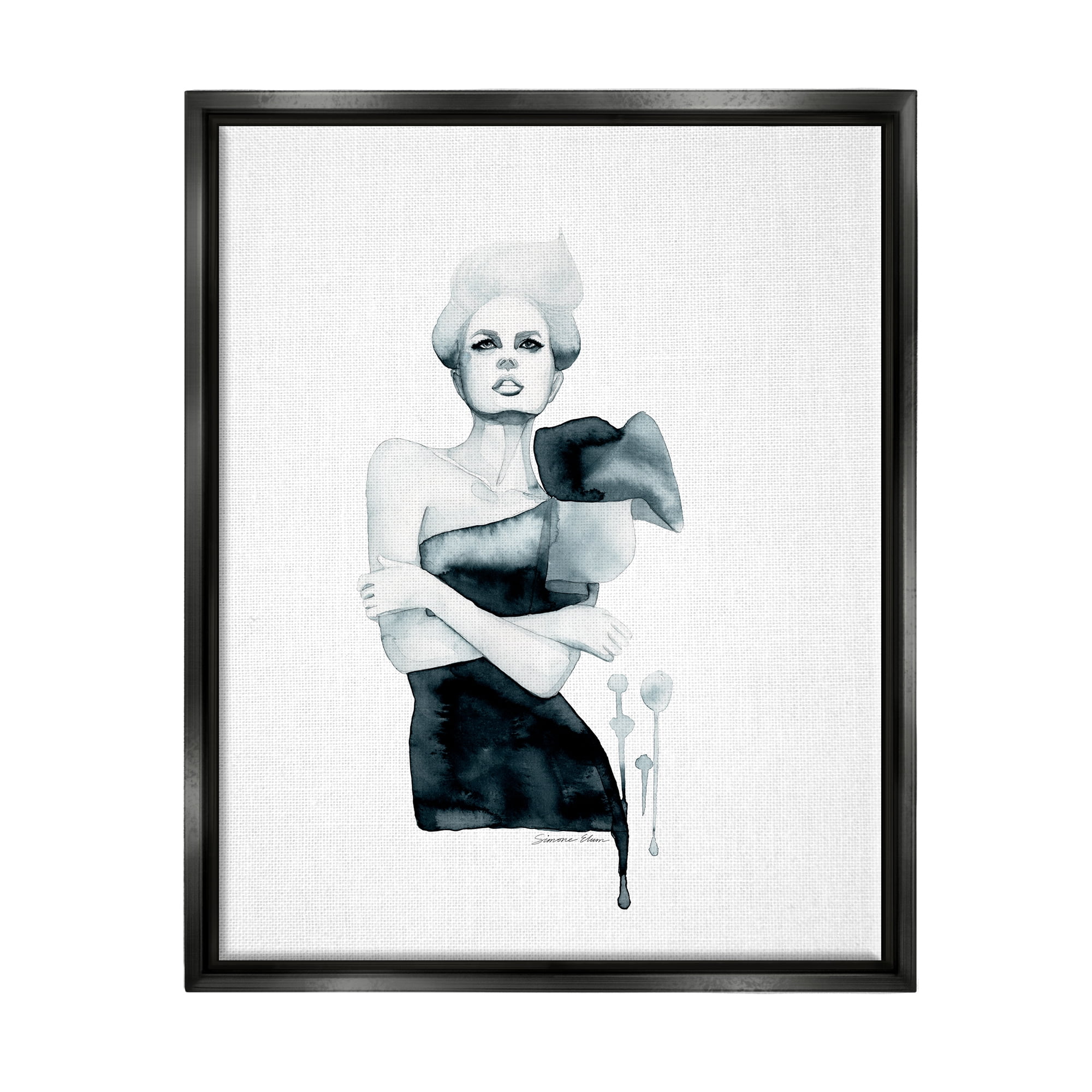 Stupell Industries Girl in Black Gown Beauty & Fashion Painting Black Floater Framed Art Print Wall Art, 17 x 21