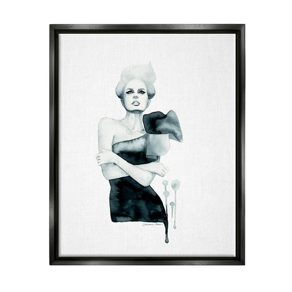 Stupell Industries Girl in Black Gown Beauty & Fashion Painting Black Floater Framed Art Print Wall Art, 17 x 21