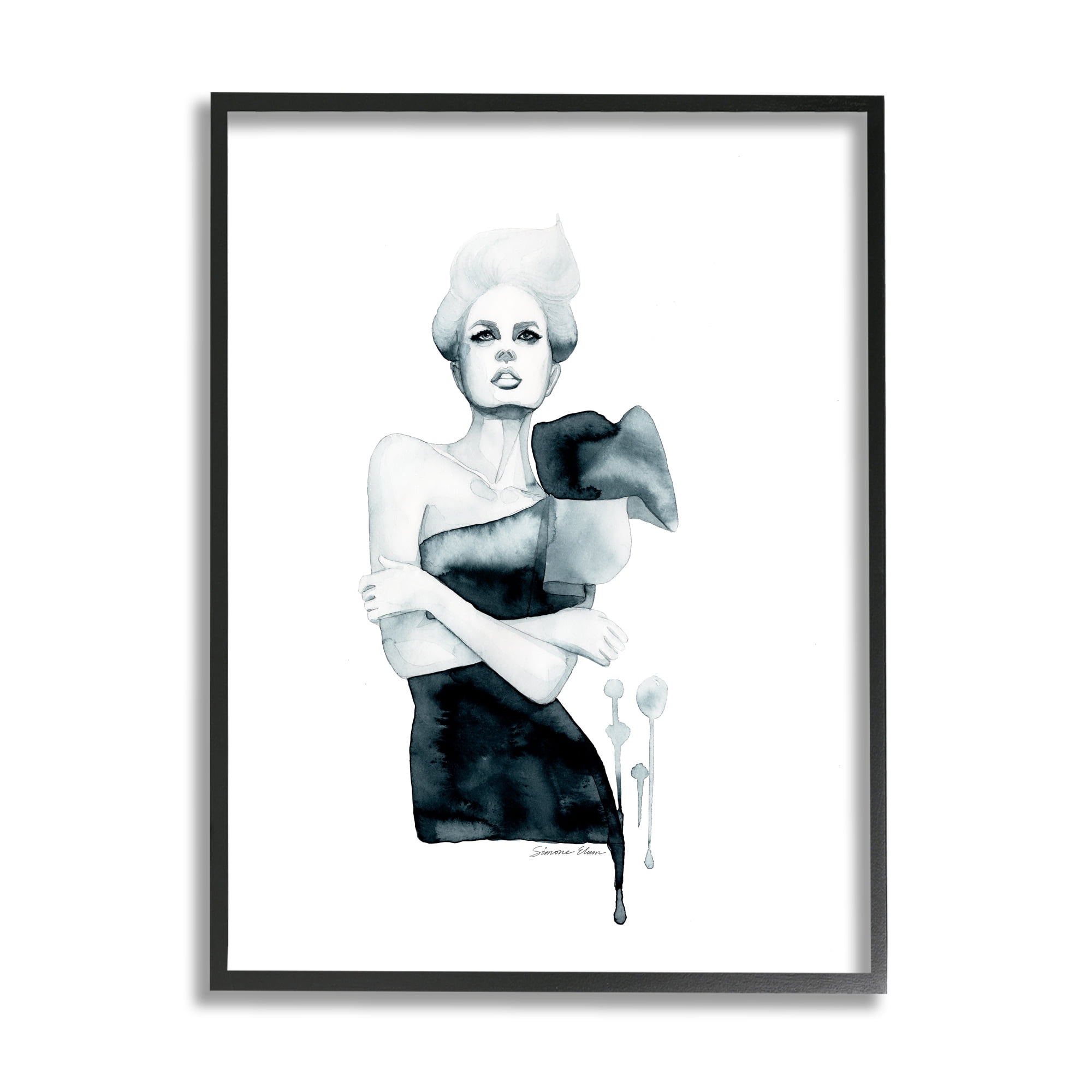 Stupell Industries Girl in Black Gown Beauty & Fashion Painting Black Framed Art Print Wall Art, 11 x 14