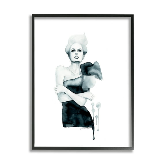 Stupell Industries Girl in Black Gown Beauty & Fashion Painting Black Framed Art Print Wall Art, 11 x 14