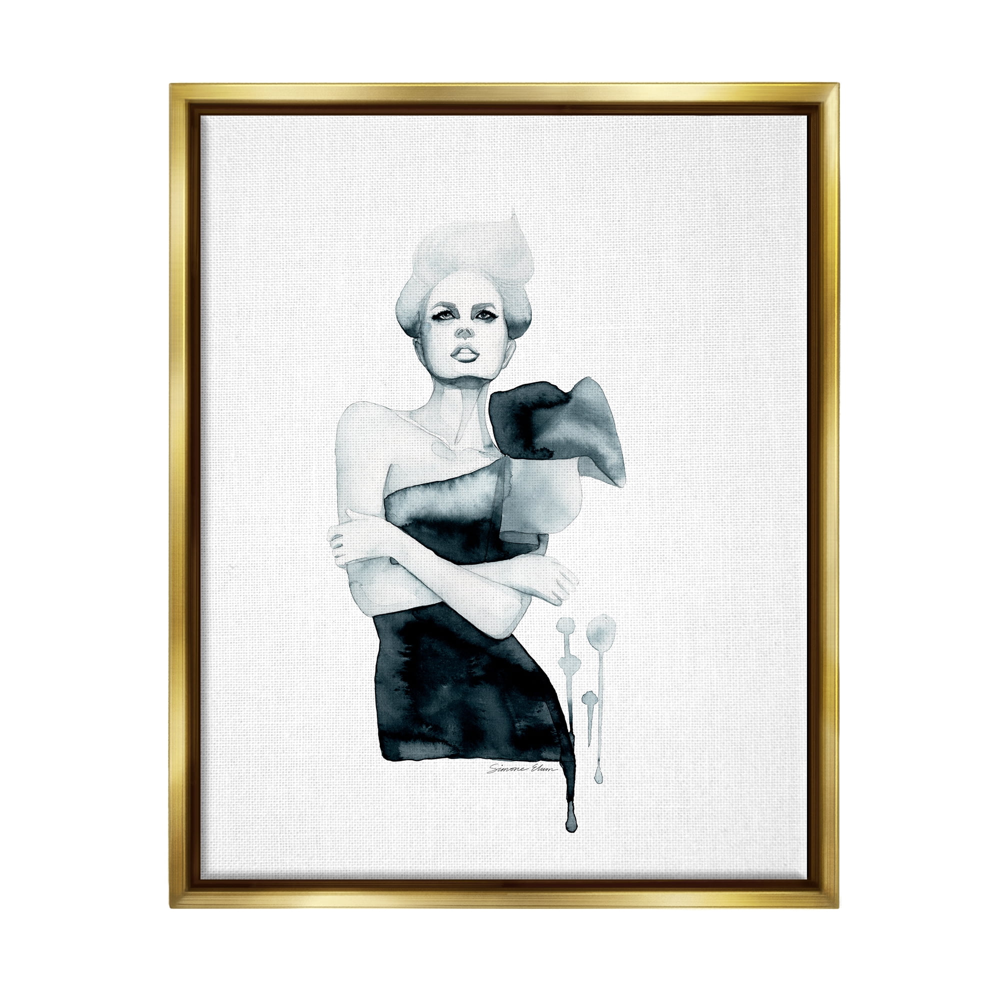 Stupell Industries Girl in Black Gown Beauty & Fashion Painting Gold Floater Framed Art Print Wall Art, 17 x 21