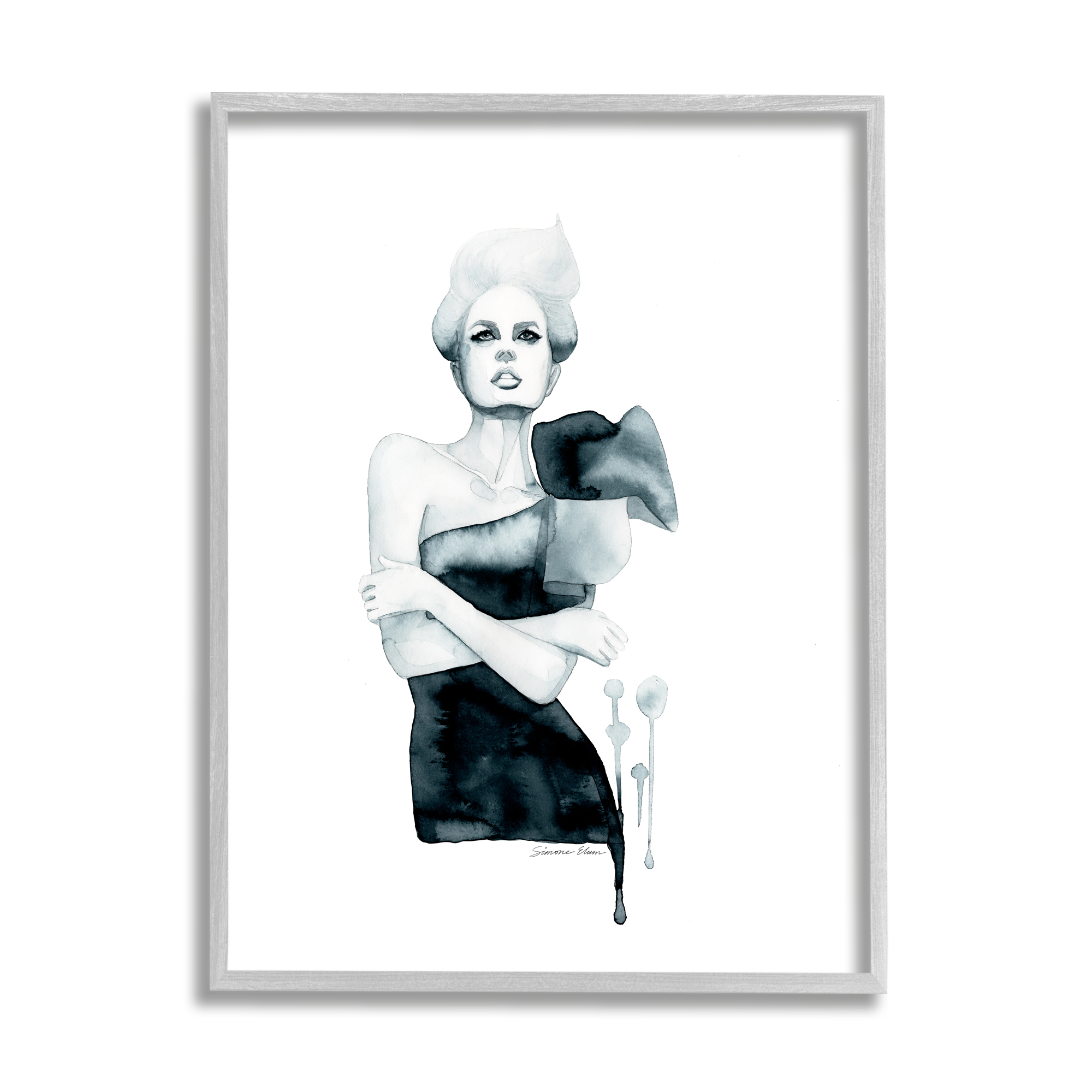 Stupell Industries Girl in Black Gown Beauty & Fashion Painting Gray Framed Art Print Wall Art, 16 x 20