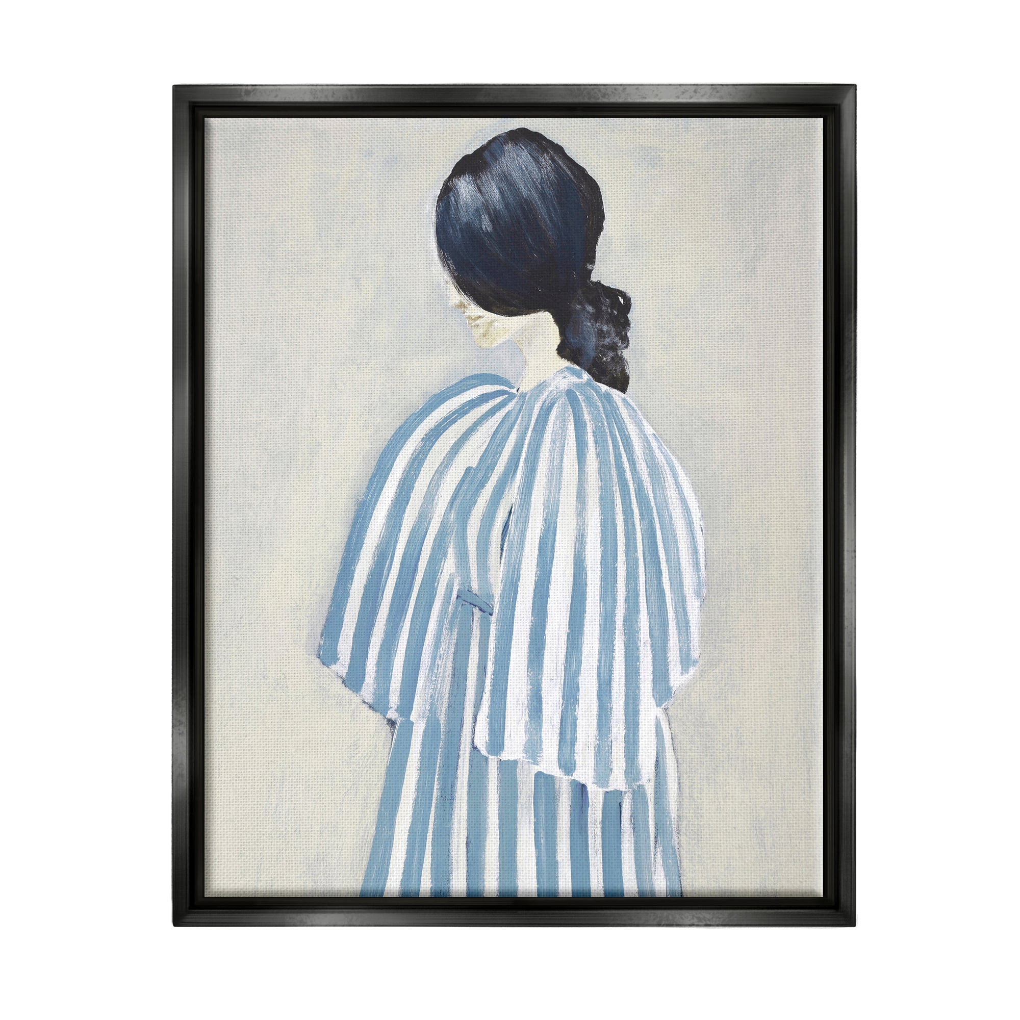 Stupell Industries Girl in Blue Striped Dress Beauty & Fashion Painting Black Floater Framed Art Print Wall Art, 17 x 21