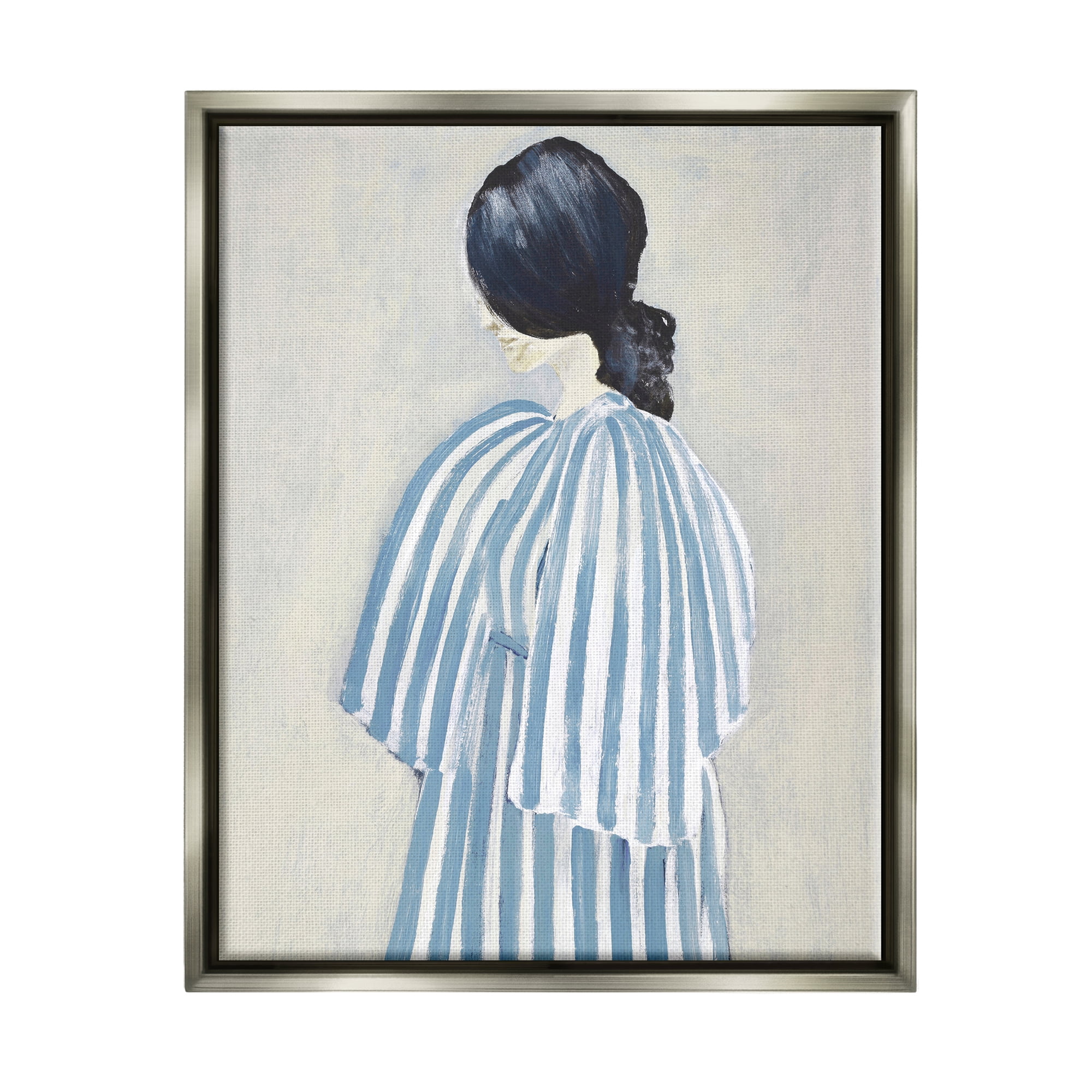 Stupell Industries Girl in Blue Striped Dress Beauty & Fashion Painting Gray Floater Framed Art Print Wall Art, 25 x 31